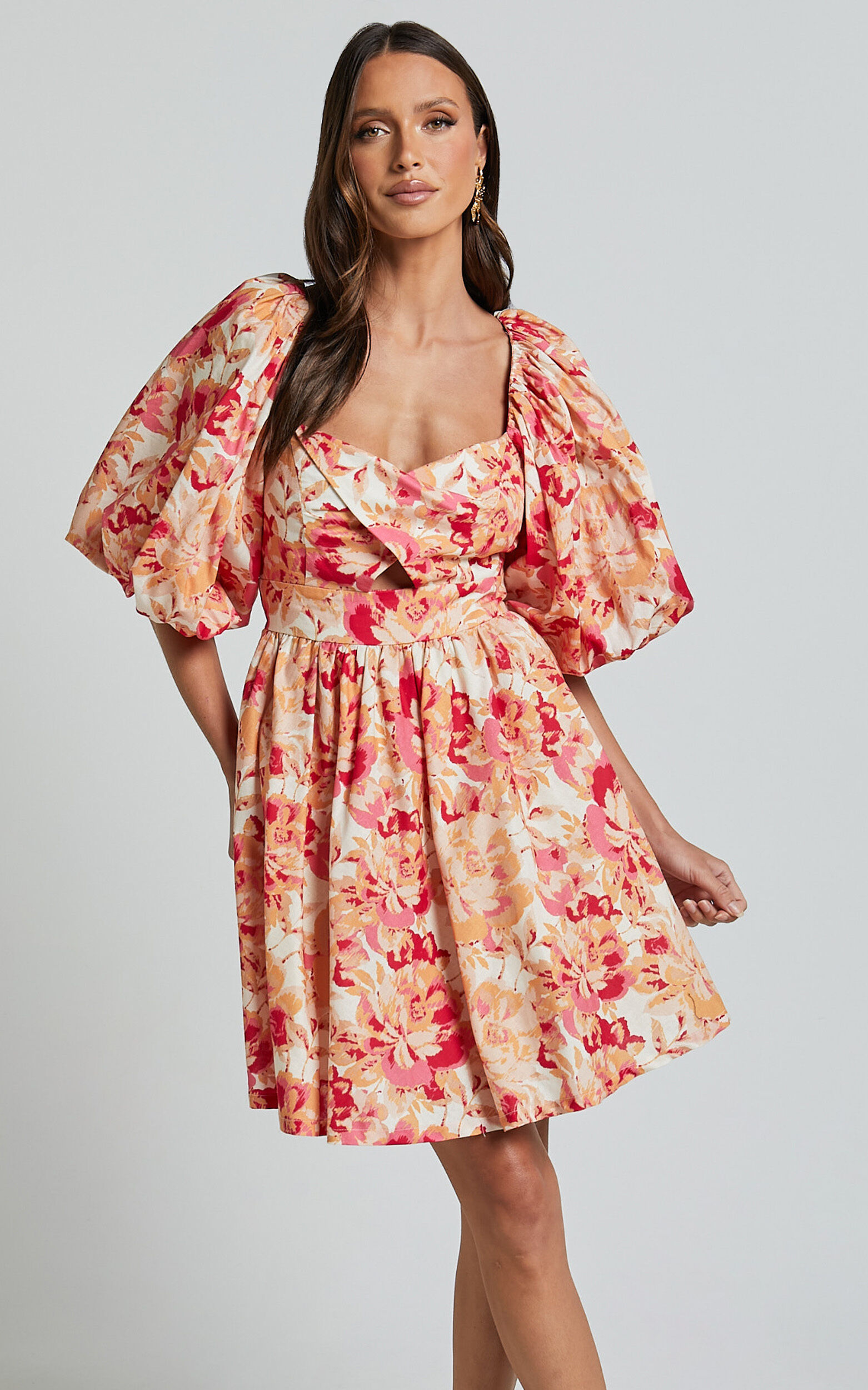 Amalie The Label - Penelopia Linen Look Blend Puff Sleeve Twist Bodice Mini Dress in Sienna Print