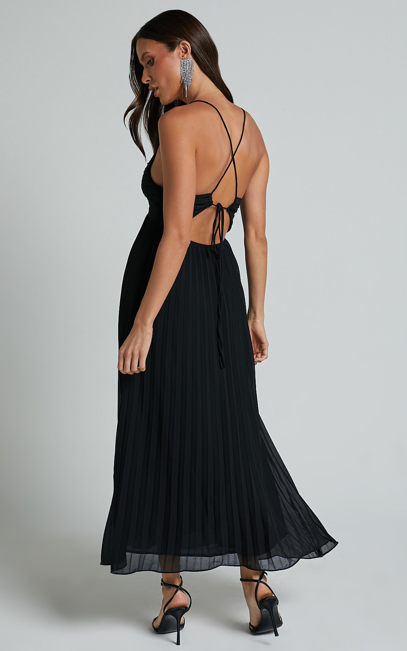 Jodie Midi Dress - Pleated Chiffon Ruched Bust Midi Dress in Black
