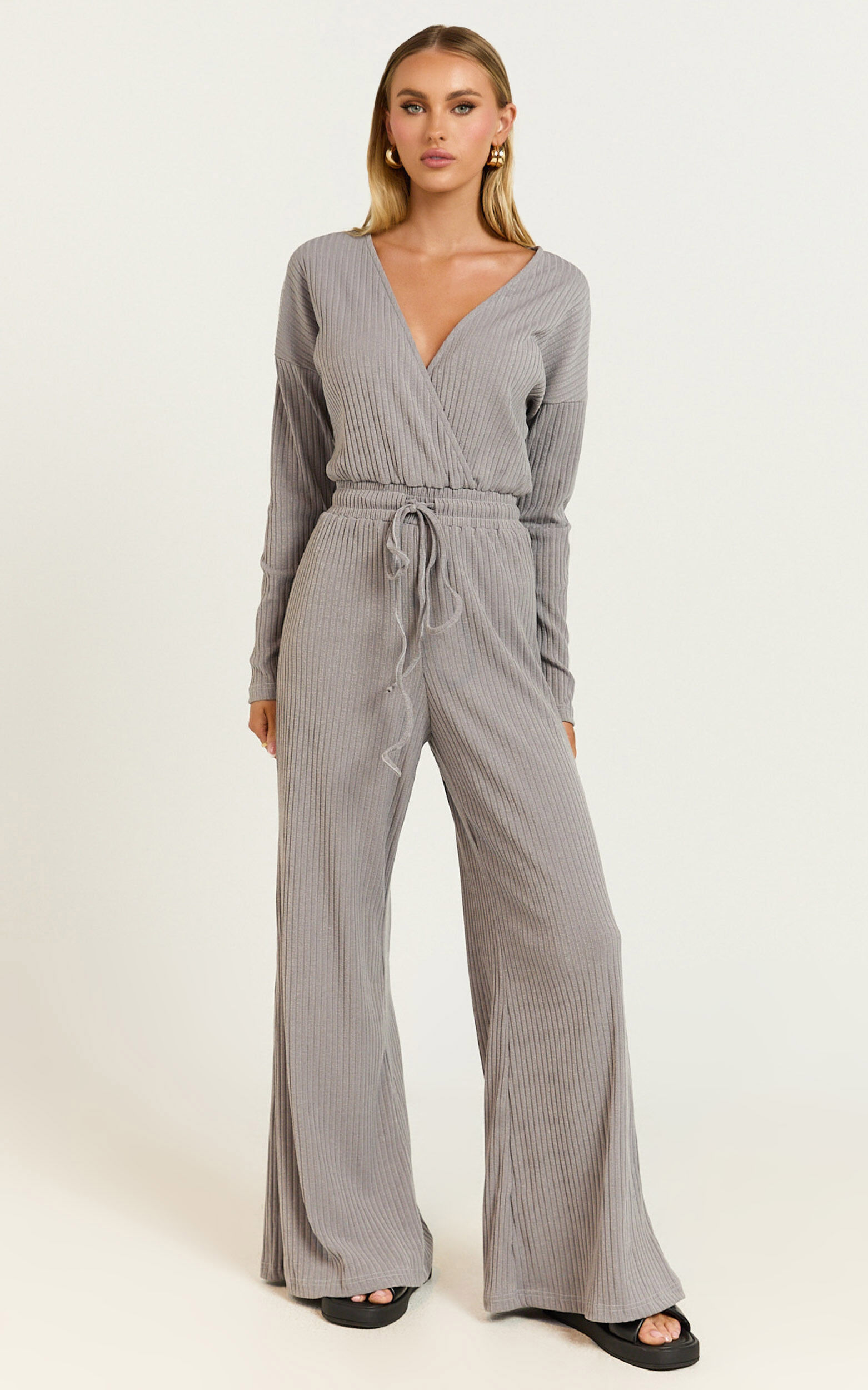Camille Jumpsuit - Ribbed Jersey Long Sleeve Wide Leg Jumpsuit in Slate Grey