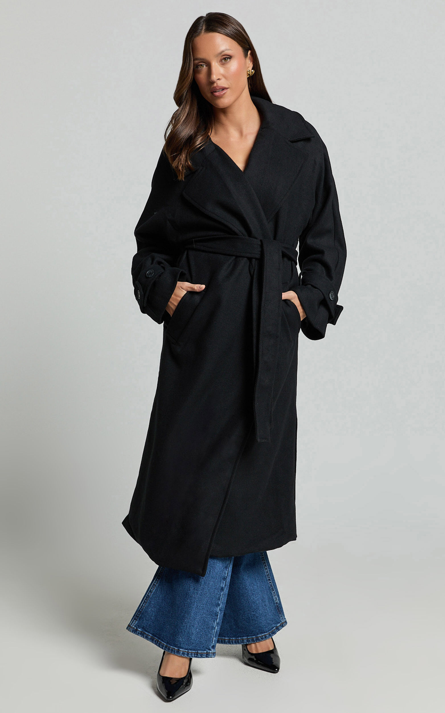 Mella Coat - Belted Longline Coat in Black
