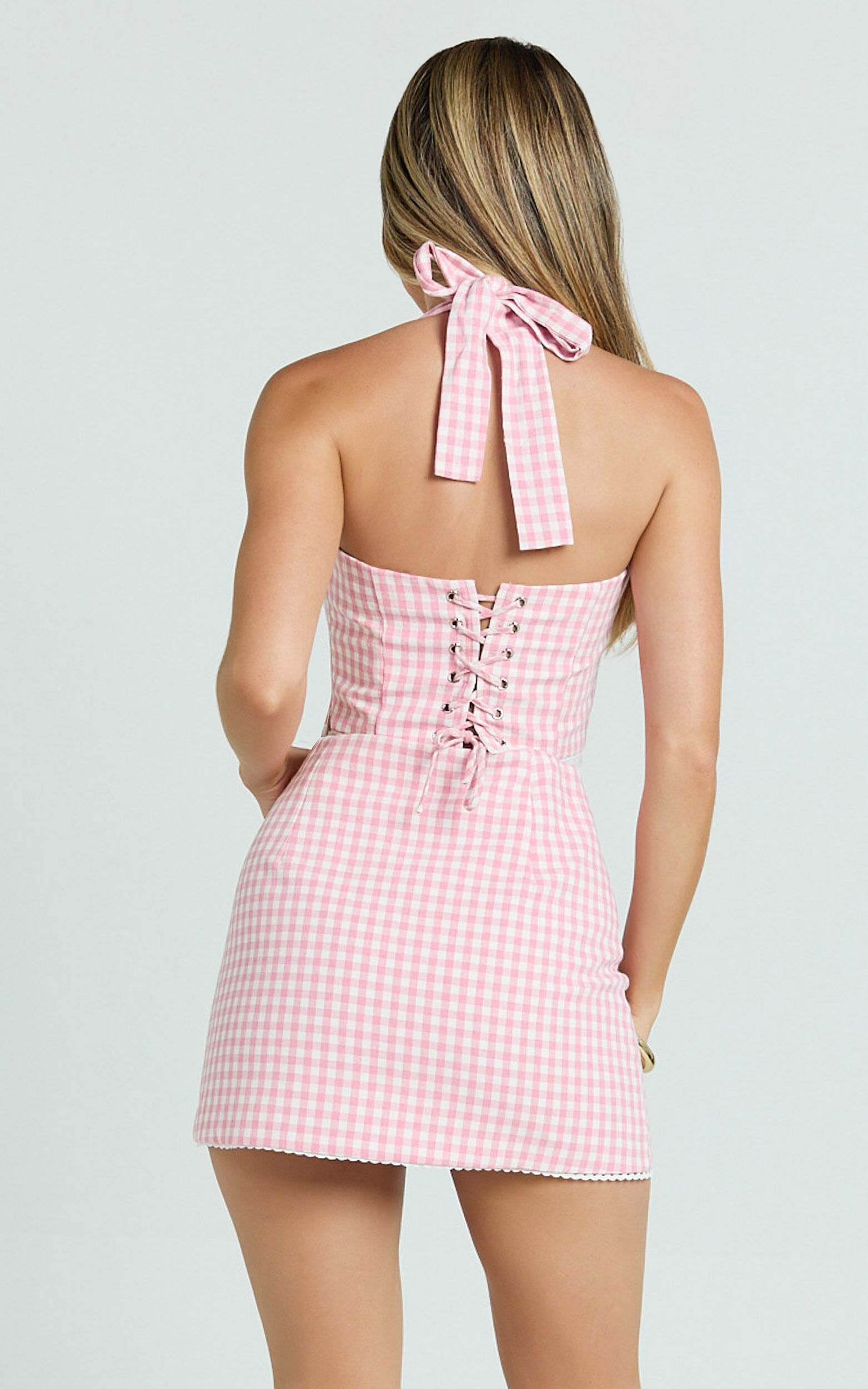 Rosario Two Piece Set - Gingham Corset And Mini Skort Set in Pink