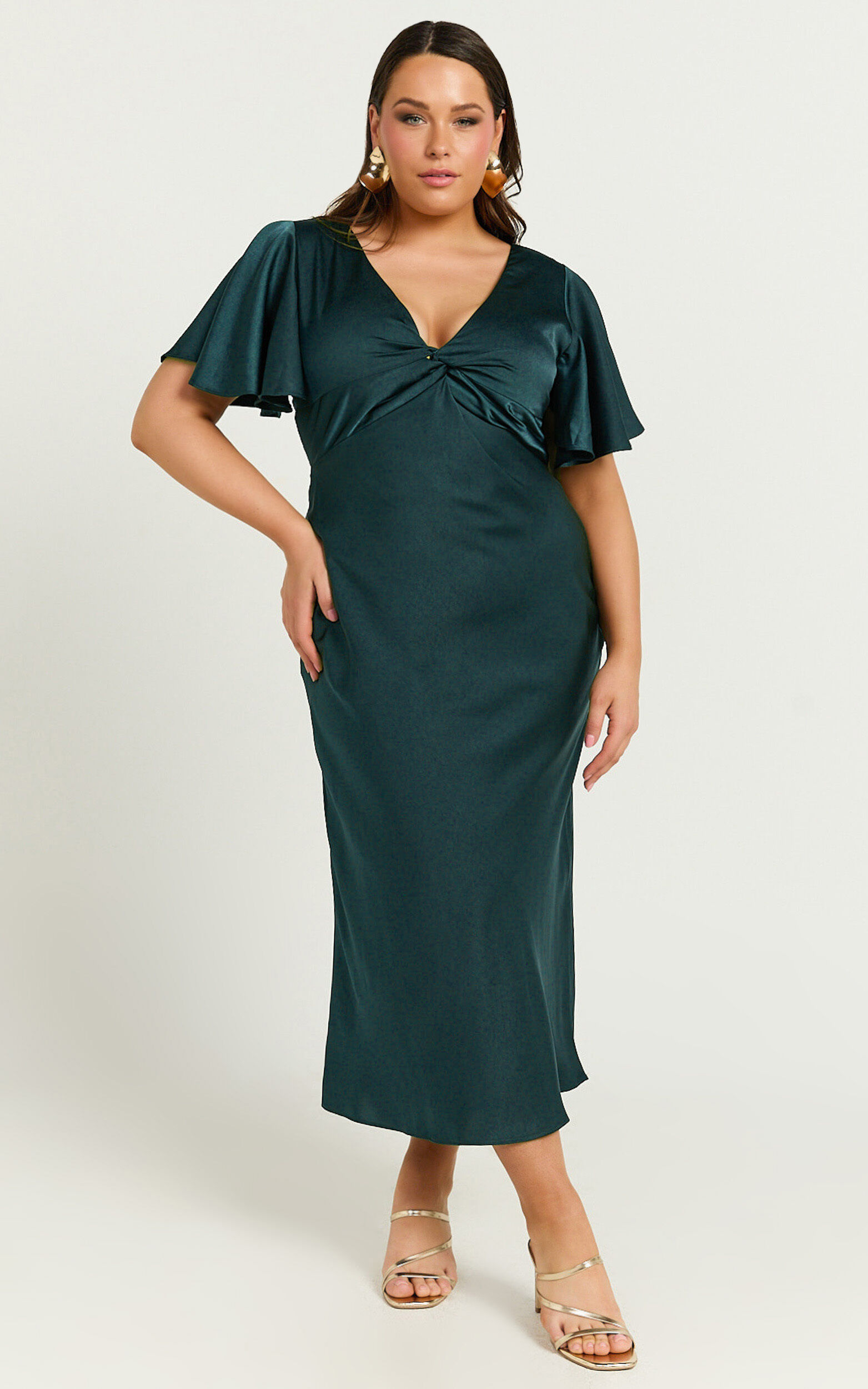 Amartina Midi Dress - V Neck Twist Bodice Flutter Sleeve Dress in Forest Green