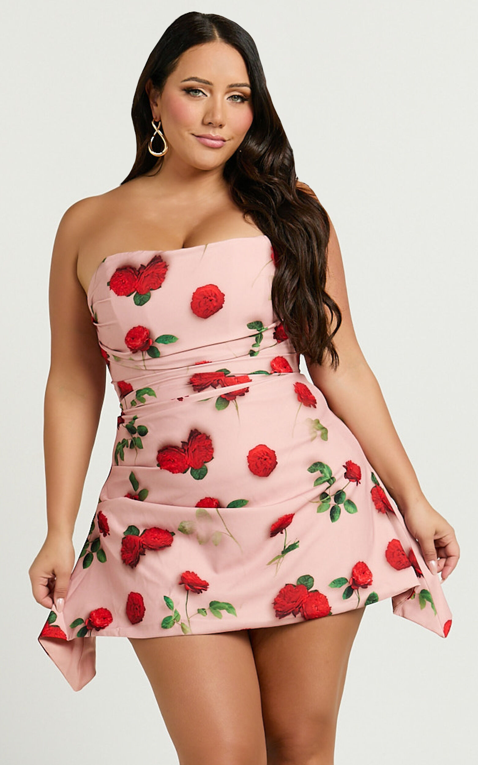 Peggy Mini Dress - Strapless Ruched Side Dress in Summer Rose Print