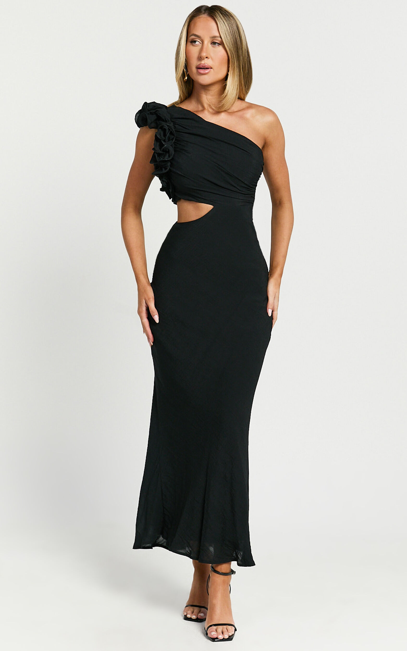 Anessa Midi Dress - One Shoulder Ruffle Detail Side Cut Out Dress in Black