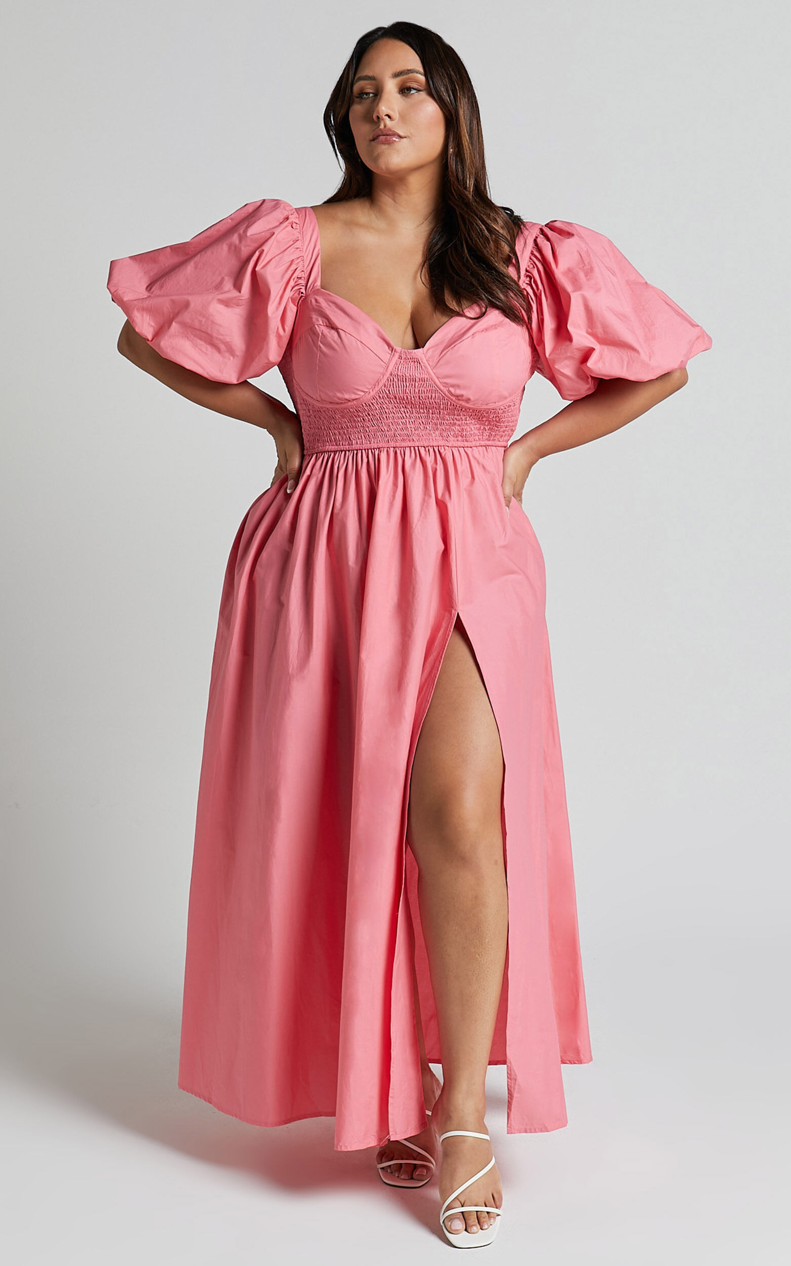 Raiza Midi Dress - Shirred Waist Puff Sleeve Dress in Coral Pink