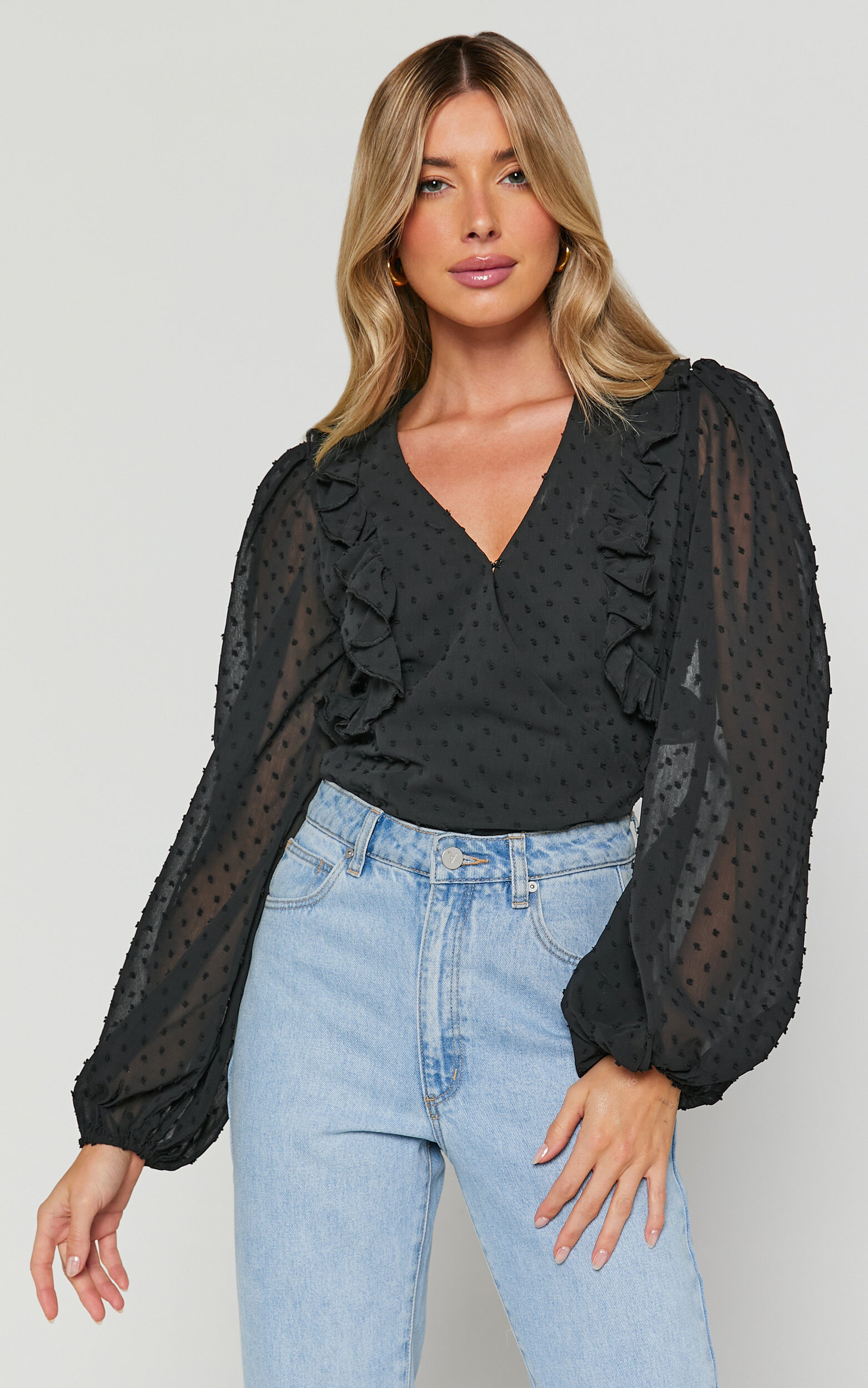Delilah Bodysuit - V Neck Long Blouson Sleeve Bodysuit in Black