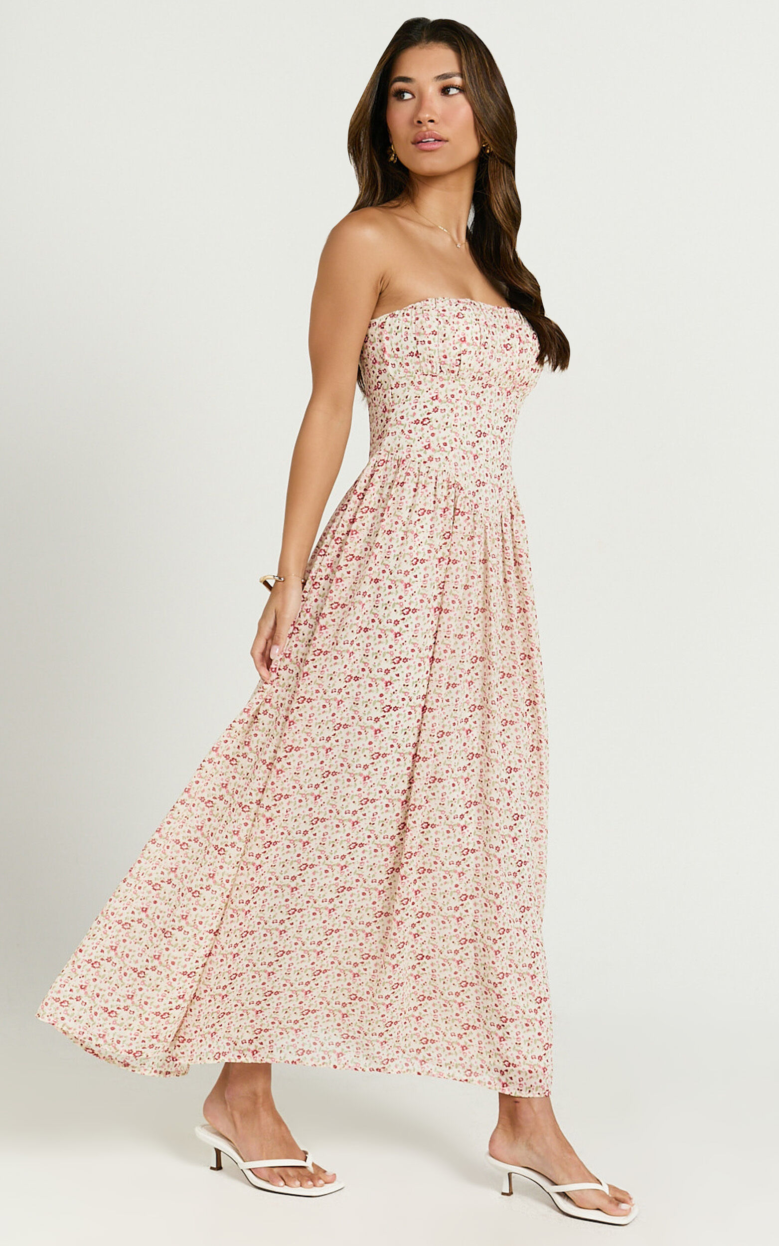 Amie Midi Dress - Strapless Full Skirt Midi Dress in Rosy Floral