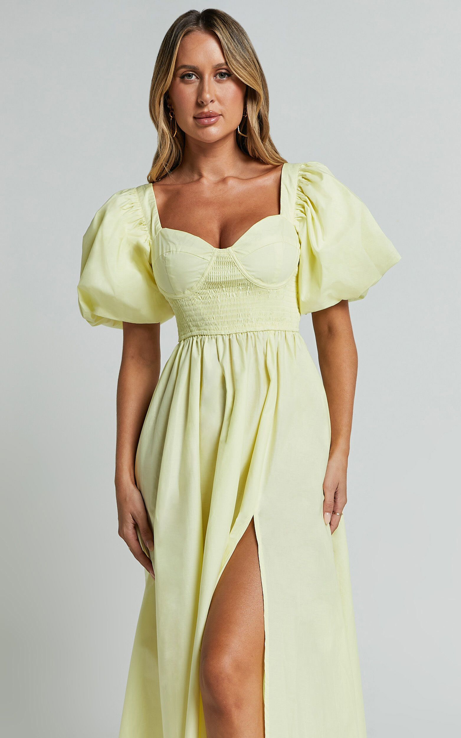 Raiza Midi Dress - Shirred Waist Puff Sleeve Dress in Lemon