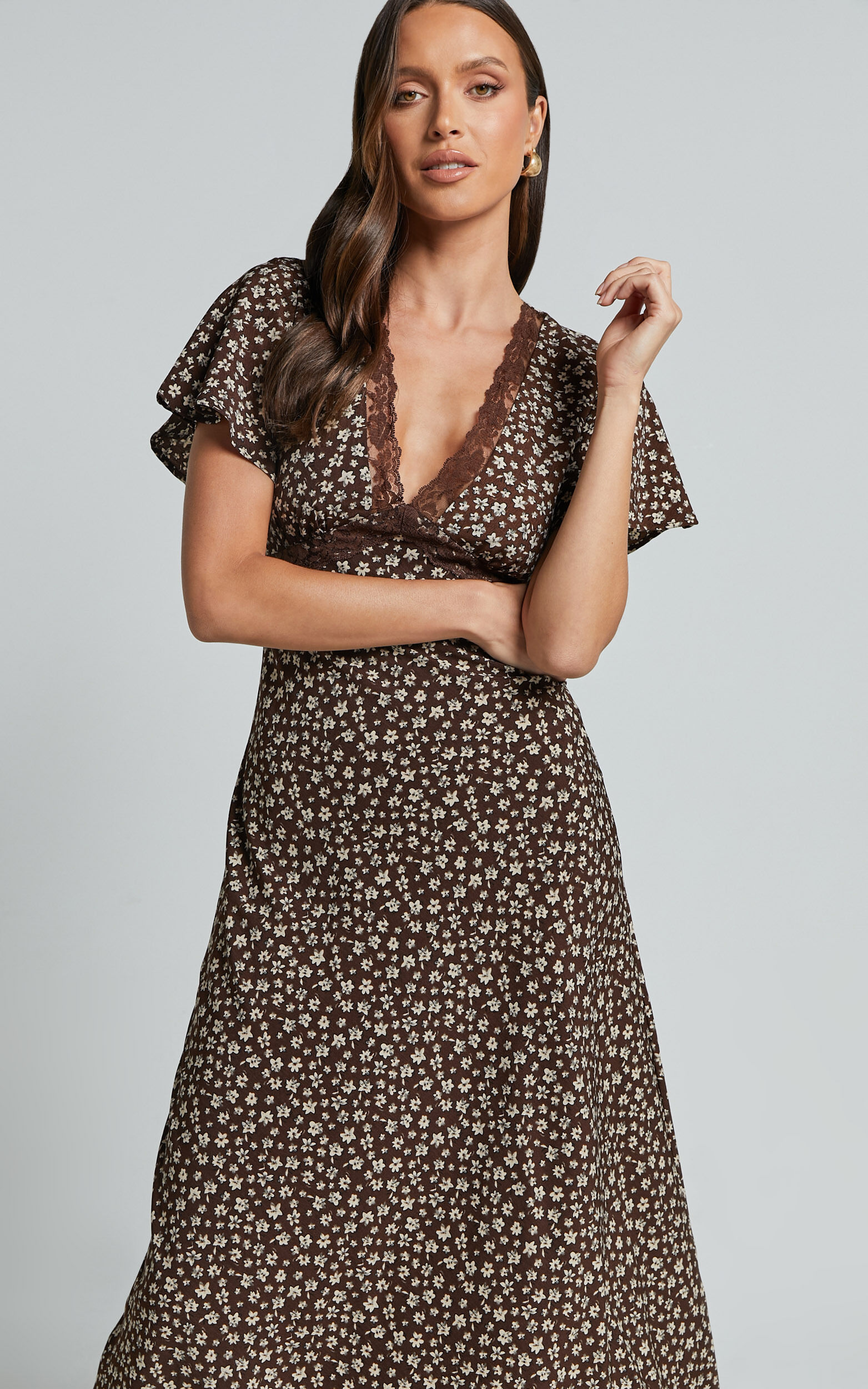 Vanya Midi Dress - V Neck Short Sleeve Lace Trim Tie Back Slip Dress in Chocolate Floral