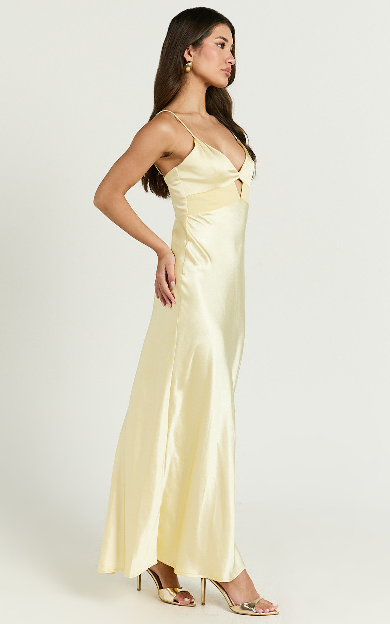 Charvie Midi Dress - V Neck Cut Out Detail Satin Slip Dress in Lemon