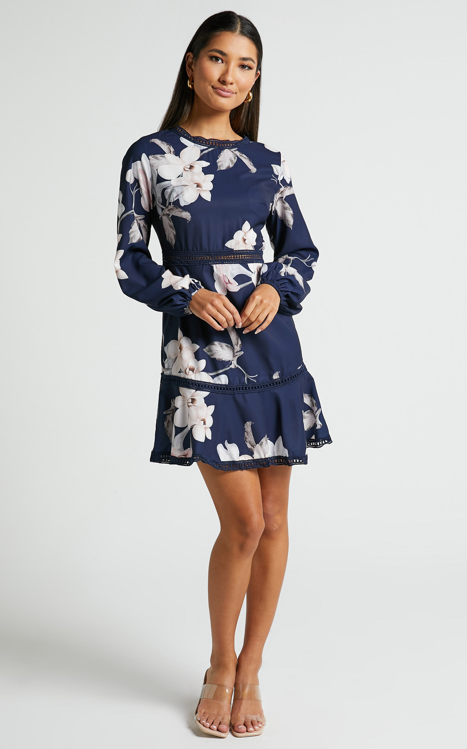 Not Missing Out Mini Dress - Long Puff Sleeve Dress in Navy Floral