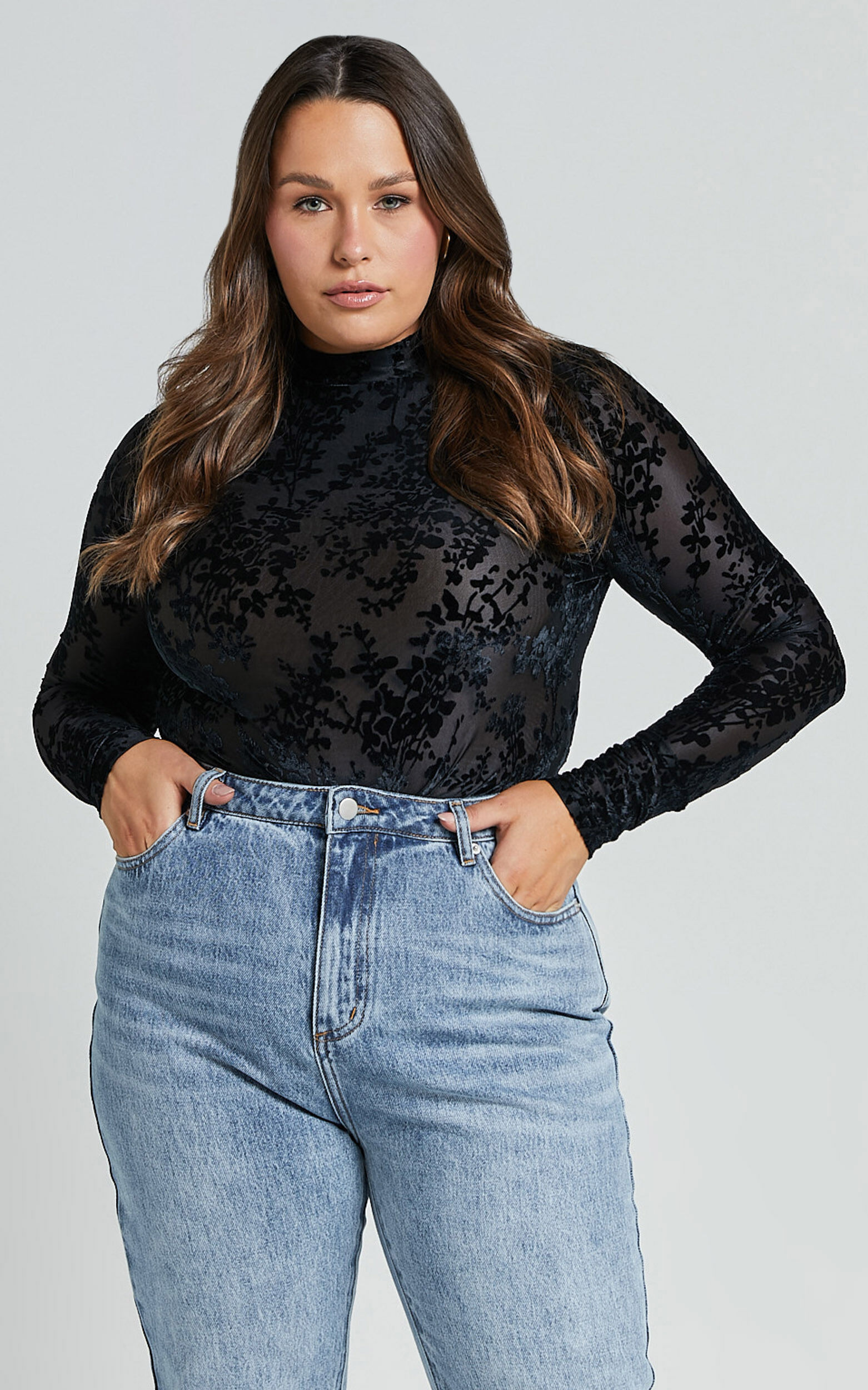 Laura Bodysuit - Longsleeve Velvet Burn Out Bodysuit in Black Floral