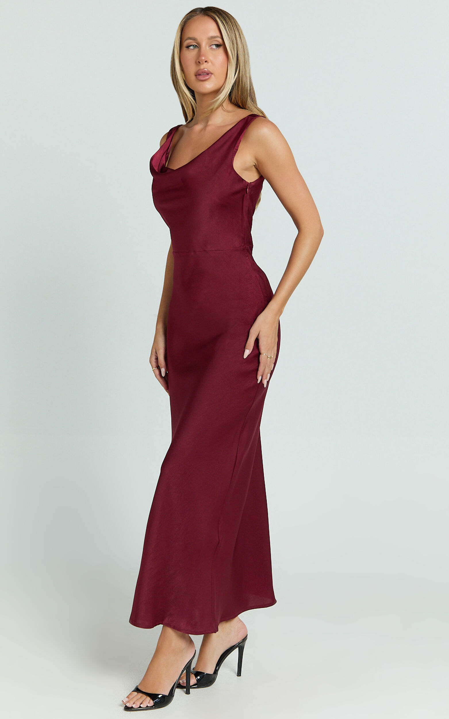 Dara Midi Dress - Low Neck Sleeveless Slip Dress in Wine