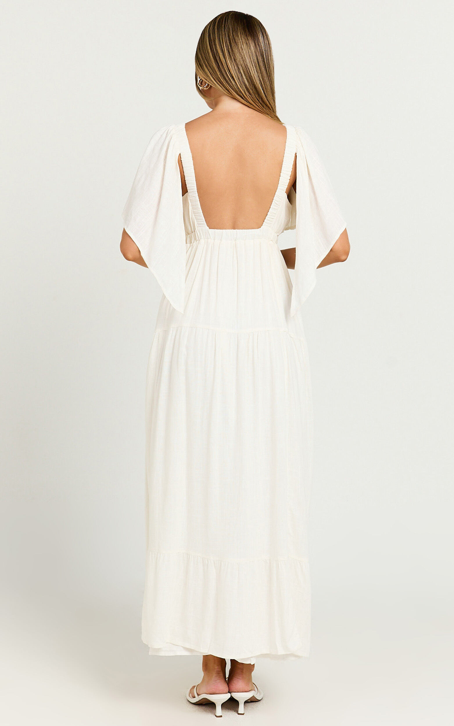 Lyrad Midi Dress - Linen Empire Waist Textured Dress in White