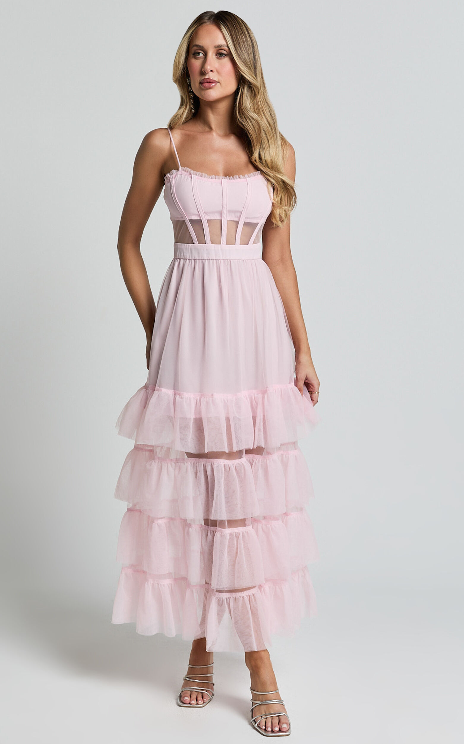 Evelynn Midi Dress - Sweetheart Corset Bodice Fit & Flare Tiered in Ballet Pink