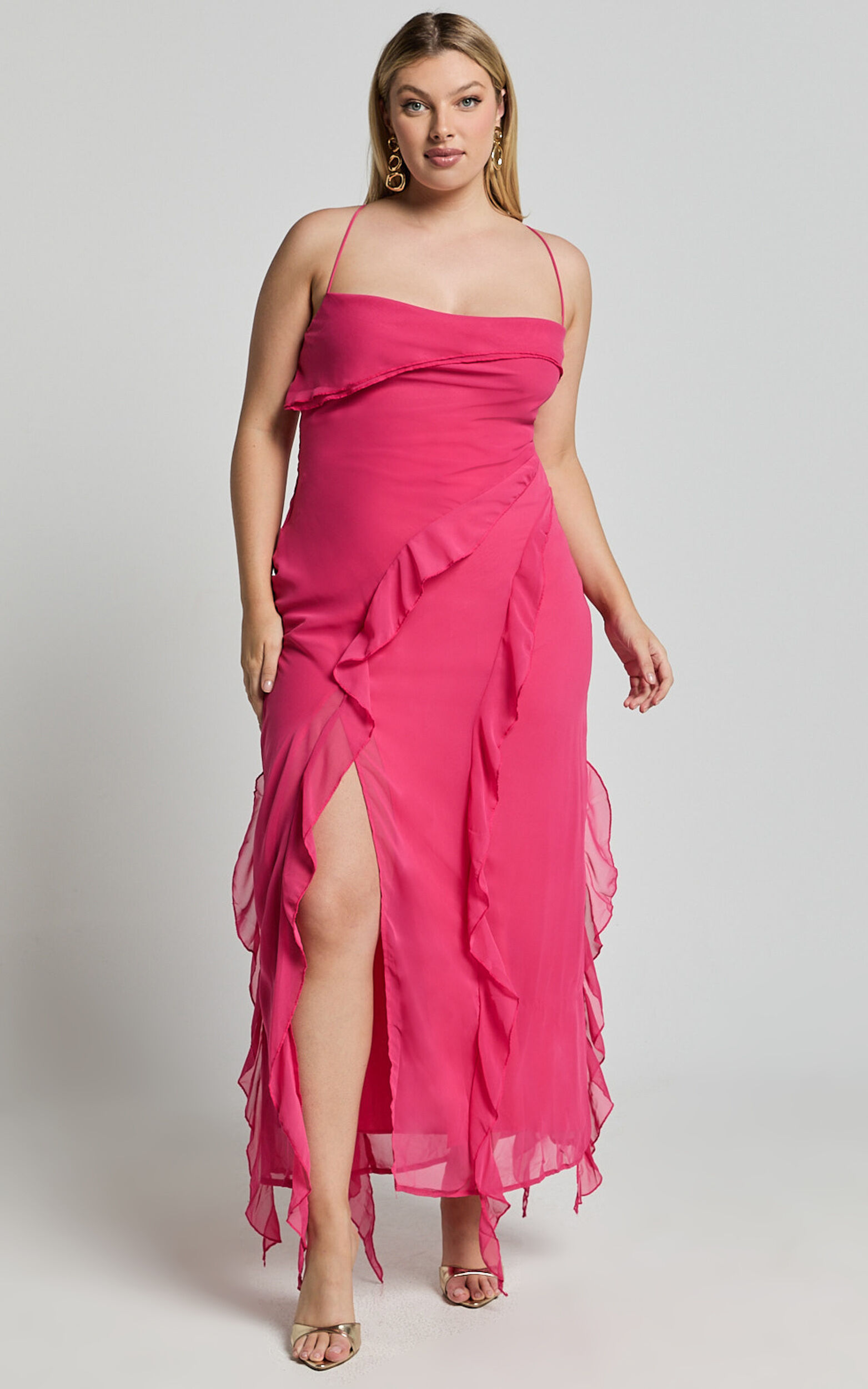 Connie Midi Dress- Ruffle Detail Dress in Hot Pink