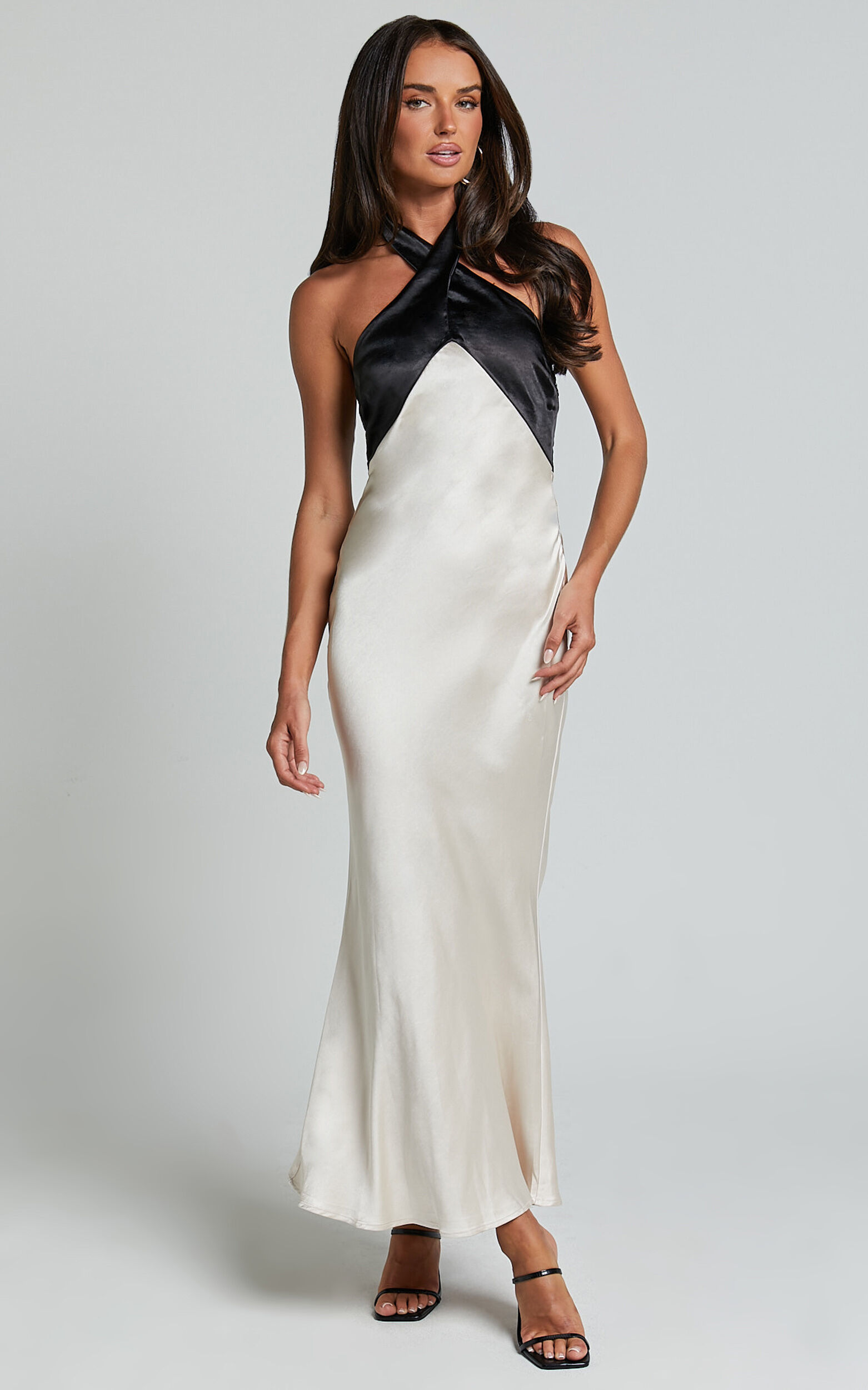 Trixie Midi Dress - Halter Neck Contrast Satin Slip Dress in Ivory