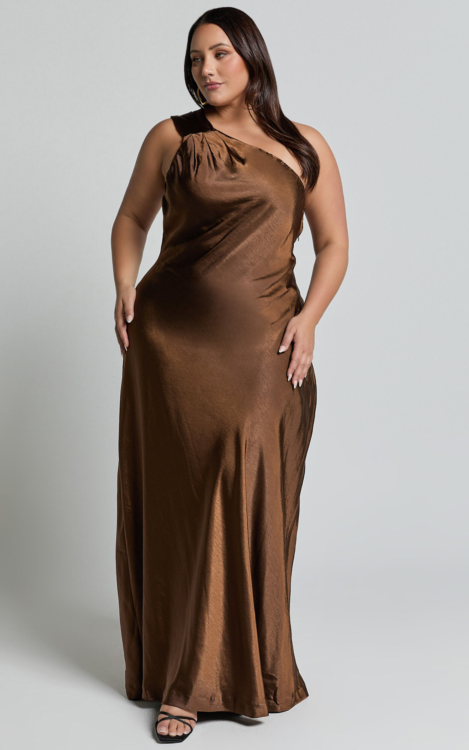Ryan Maxi Dress - Tie Neck One Shoulder Dress in Chocolate