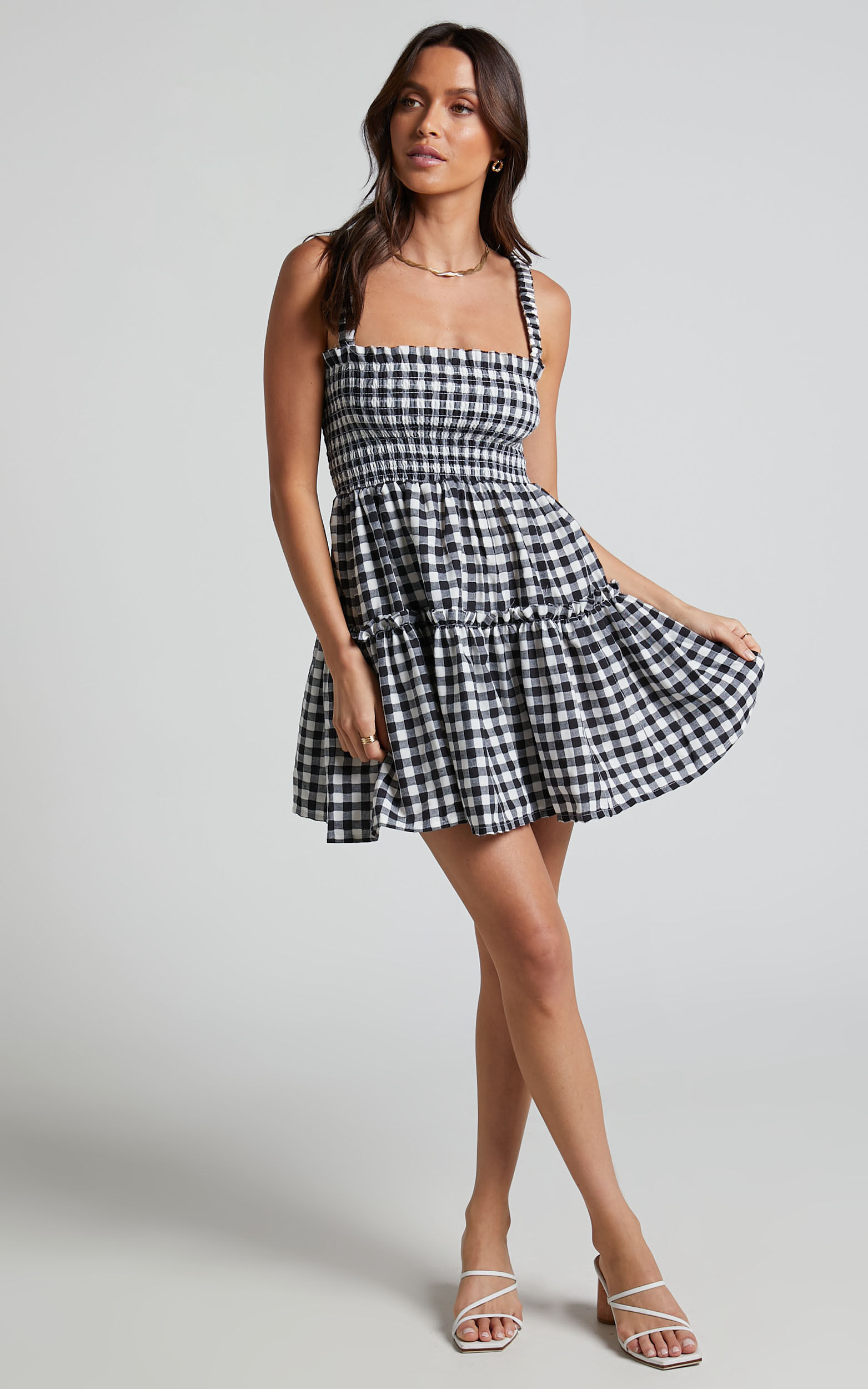 Wilda Mini Dress - Shirred Tiered Dress in Black and White Check