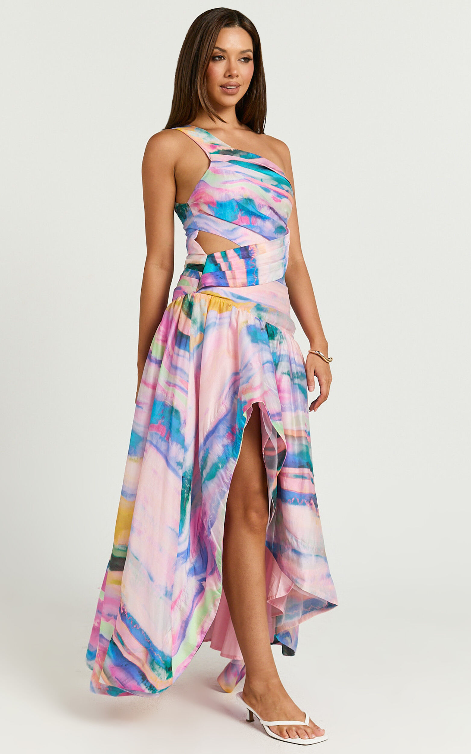 Amalie The Label - Keziah One Shoulder Asymmetric Midi Dress in Abstract Sunset Print