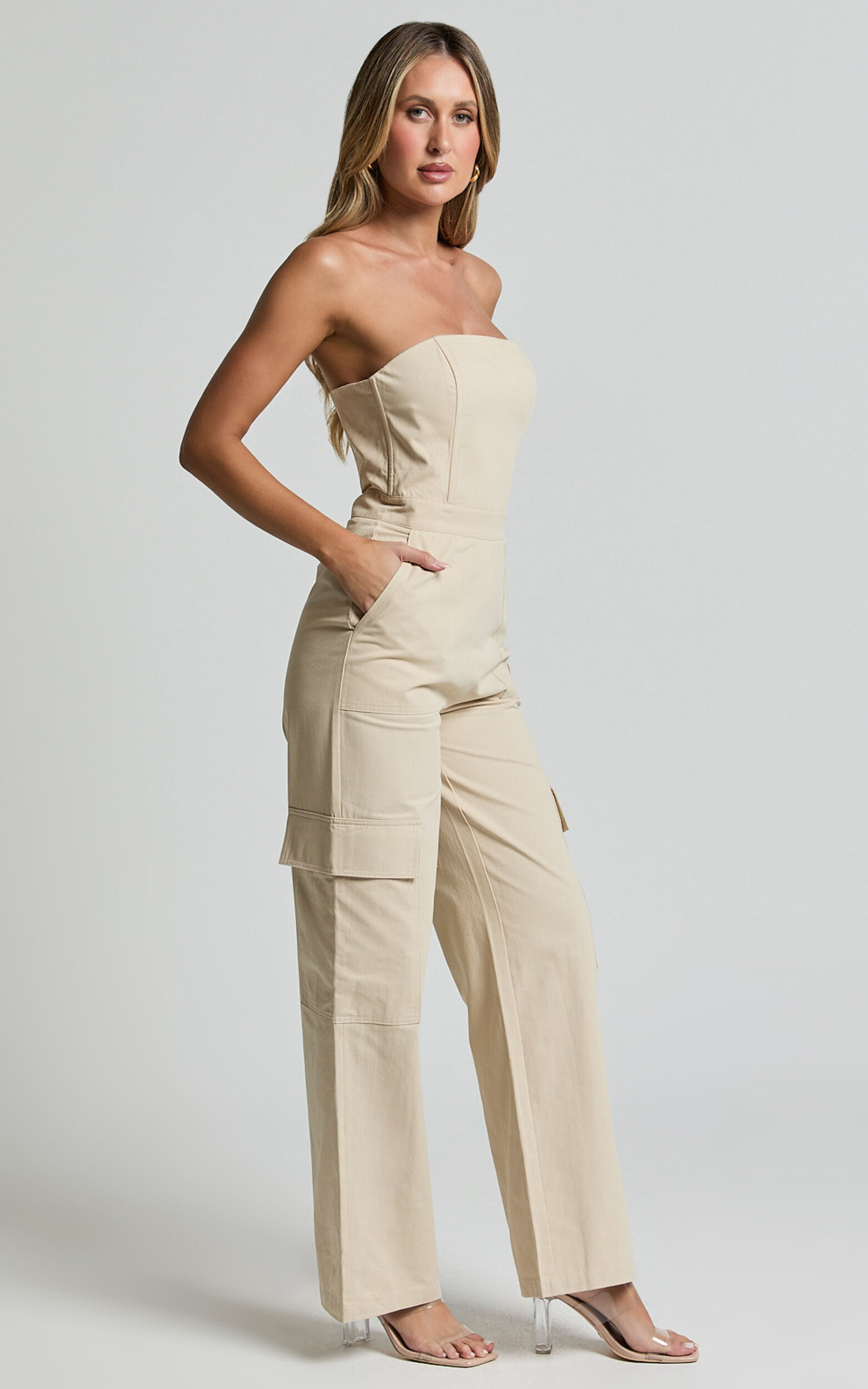 Nellia Jumpsuit - Strapless Straight Leg Cargo Jumpsuit in Stone