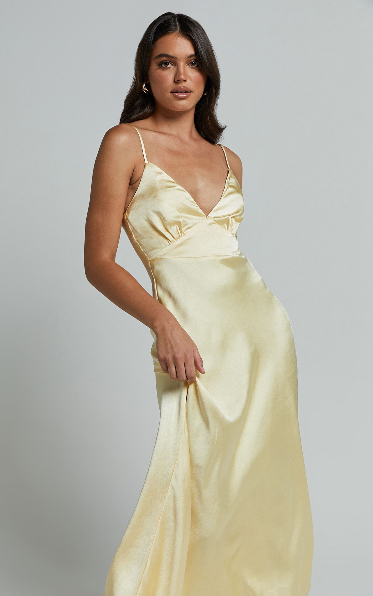 Lorenzia Maxi Dress - Plunge Corset Underbust Detail Satin Dress in Lemon