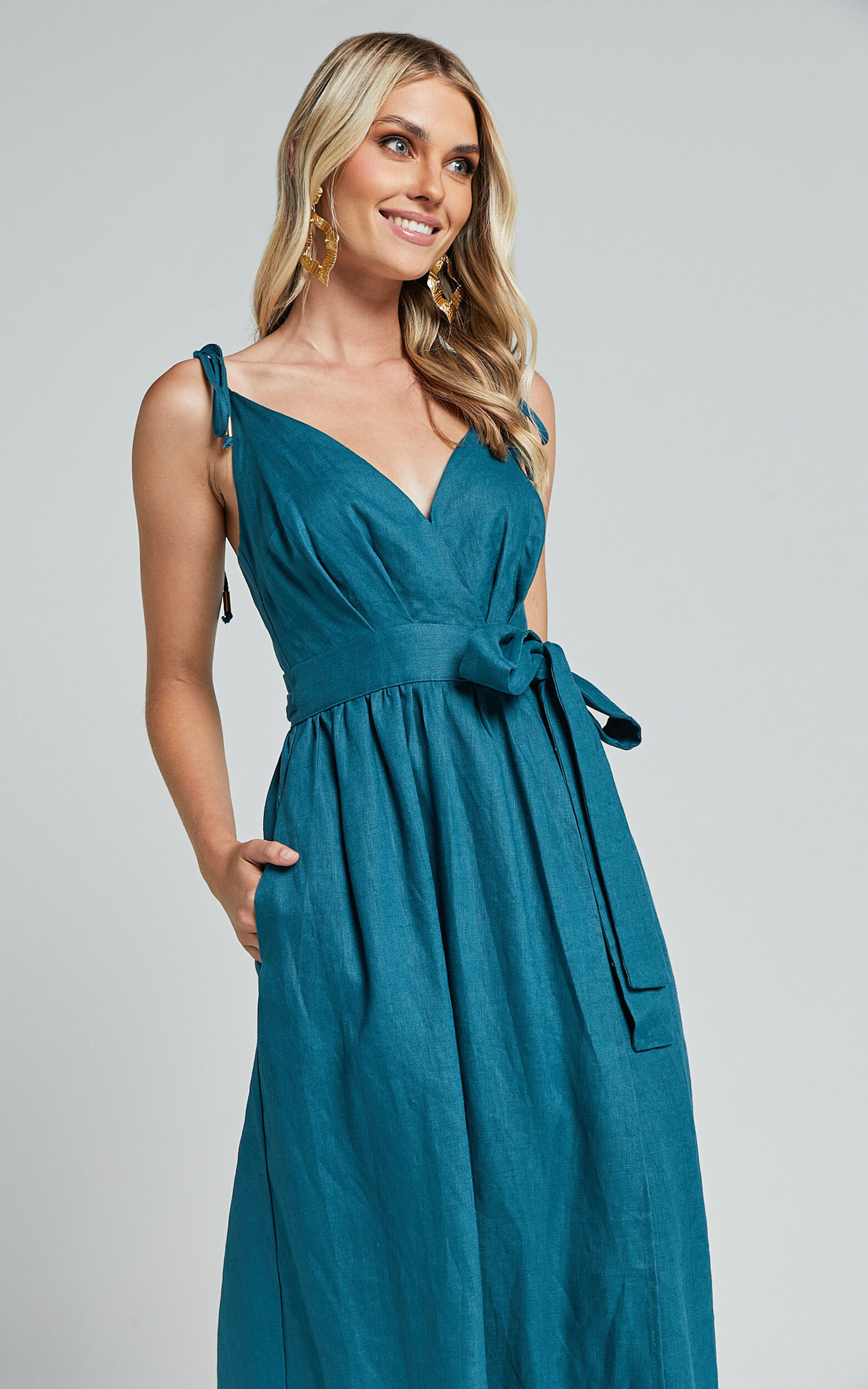 Amalie The Label - Siena Linen Tie Shoulder Wrap Midi Linen Dress in Moss
