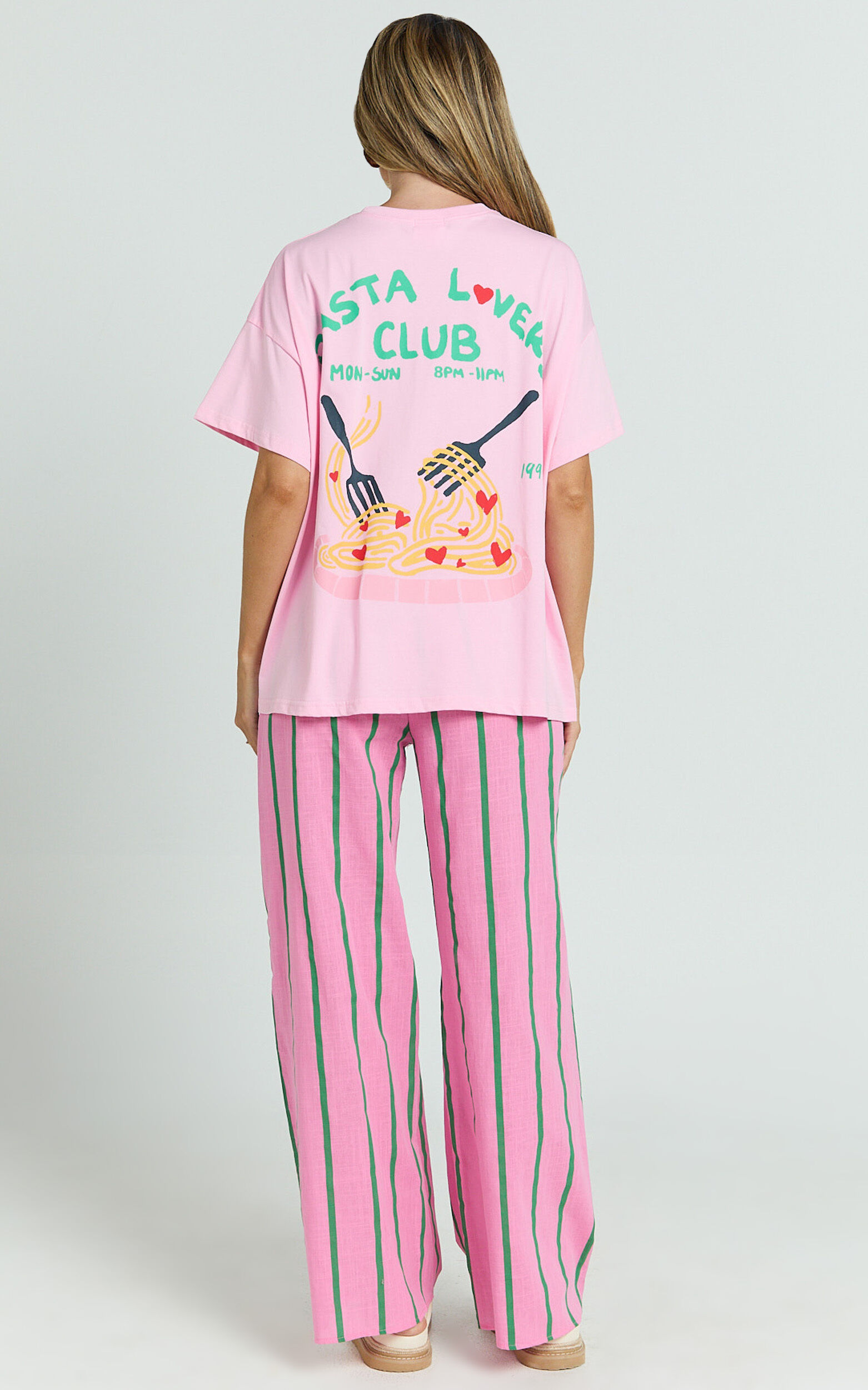 Alda Two Piece Set - Pasta Lovers Club Tee and Striped Pant Set in Pink