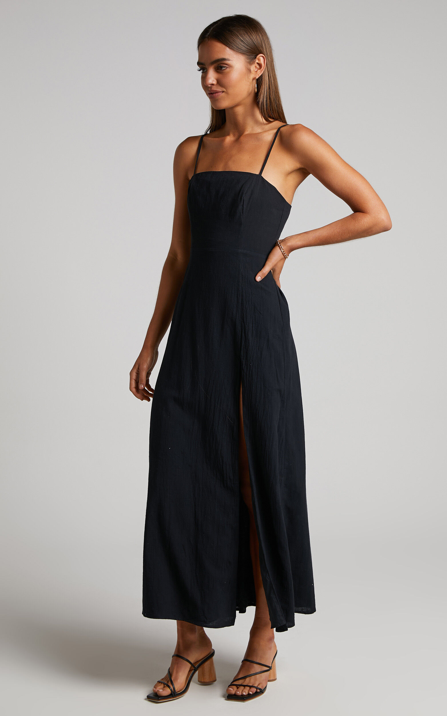 Marsha Midi Linen Dress - High Split Slip Dress in Black