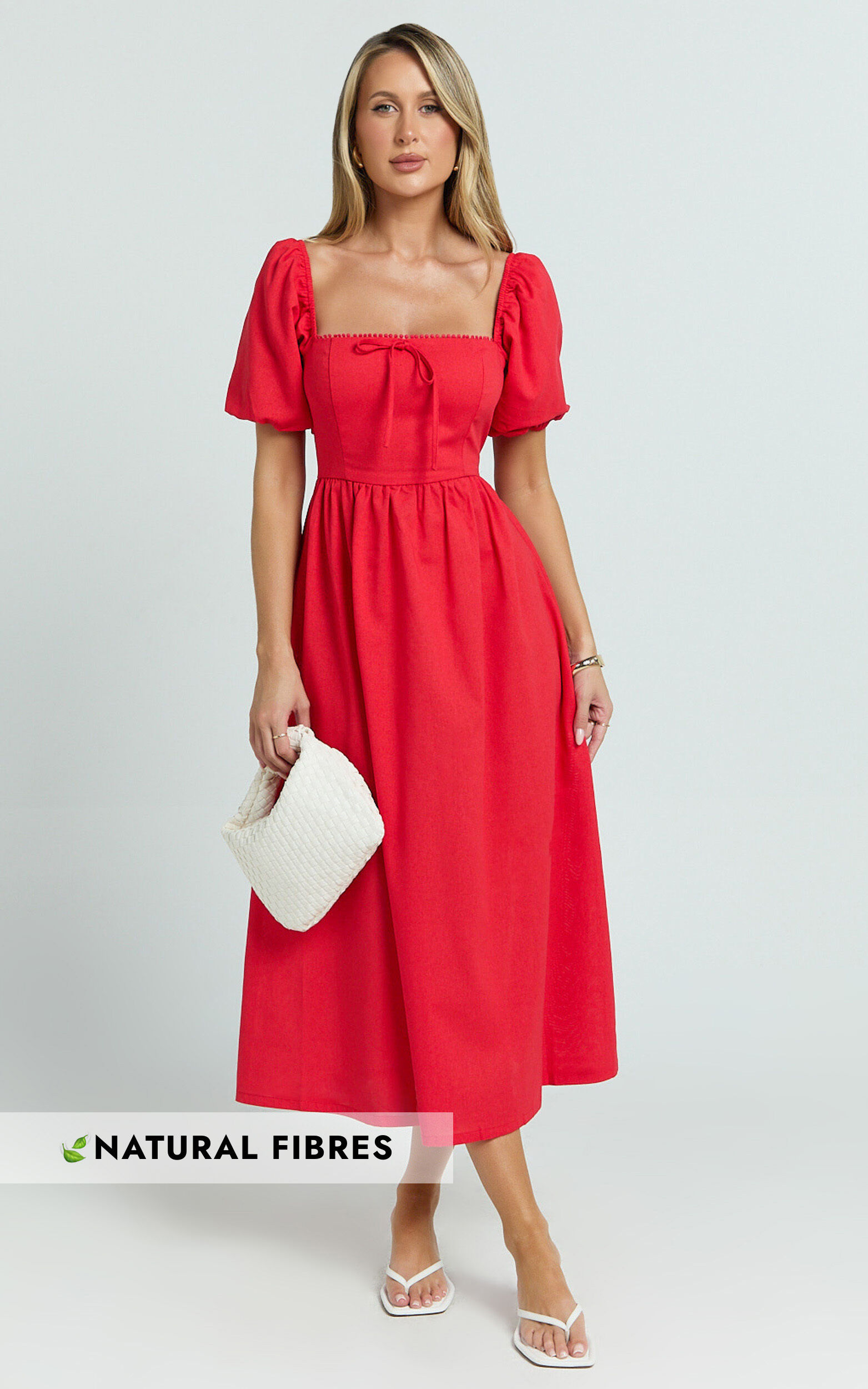 Quinn Midi Linen Dress - Puff Sleeve Square Neck Dress in Red