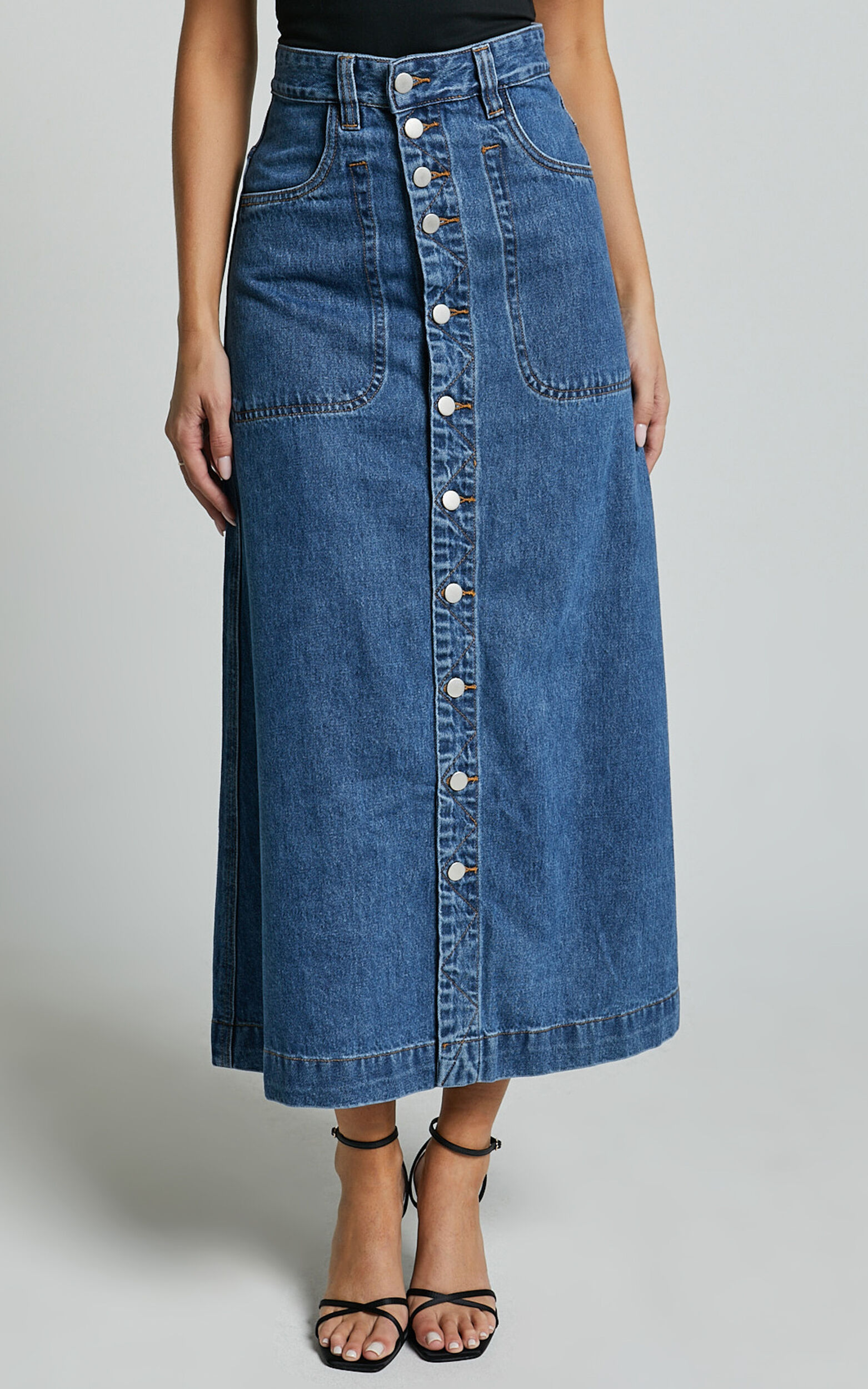 Alisa Midi Skirt - Button Through A Line Denim Skirt in Dark Blue Wash