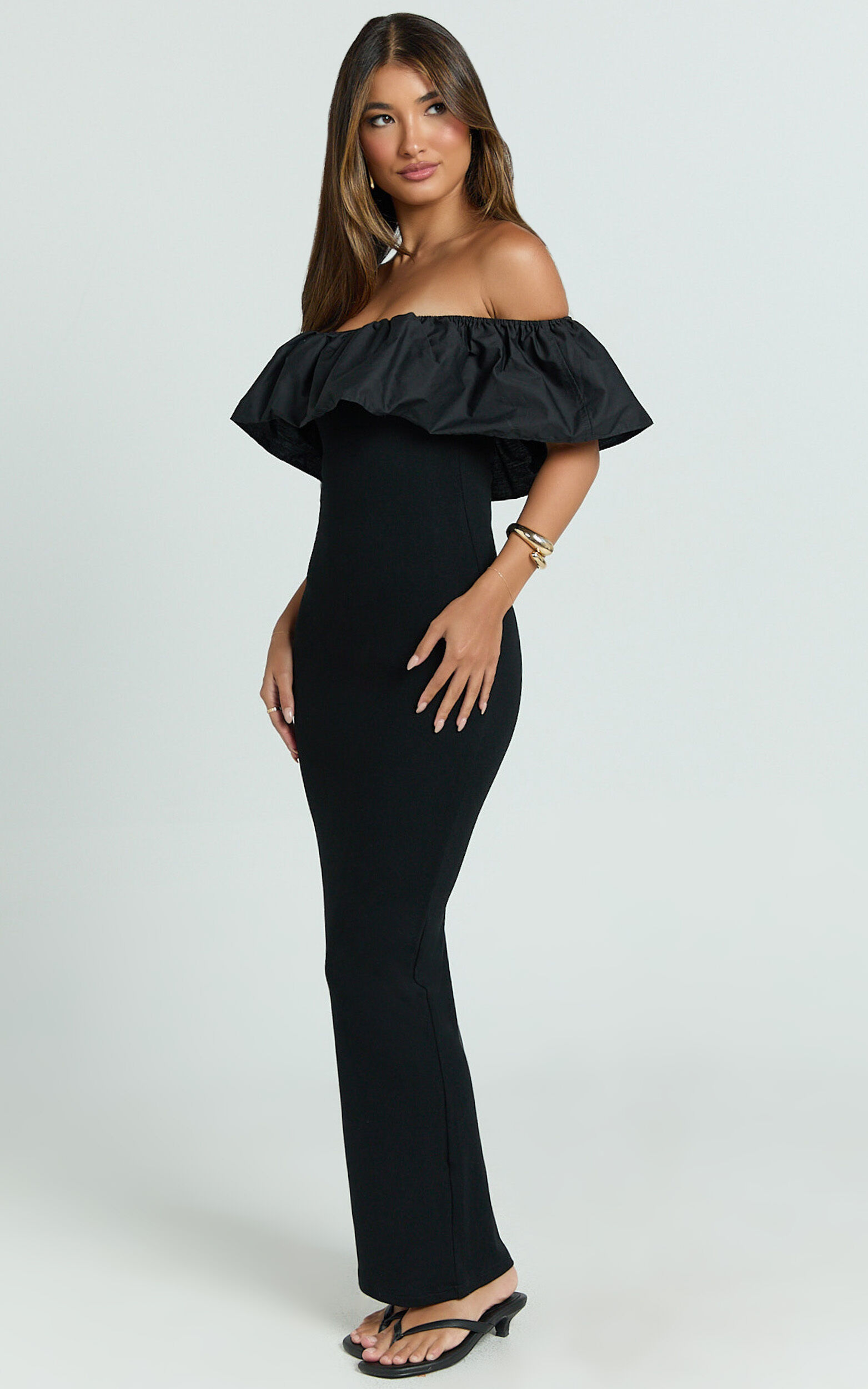 Carol Maxi Dress - Off Shoulder Frill Neckline Dress in Black