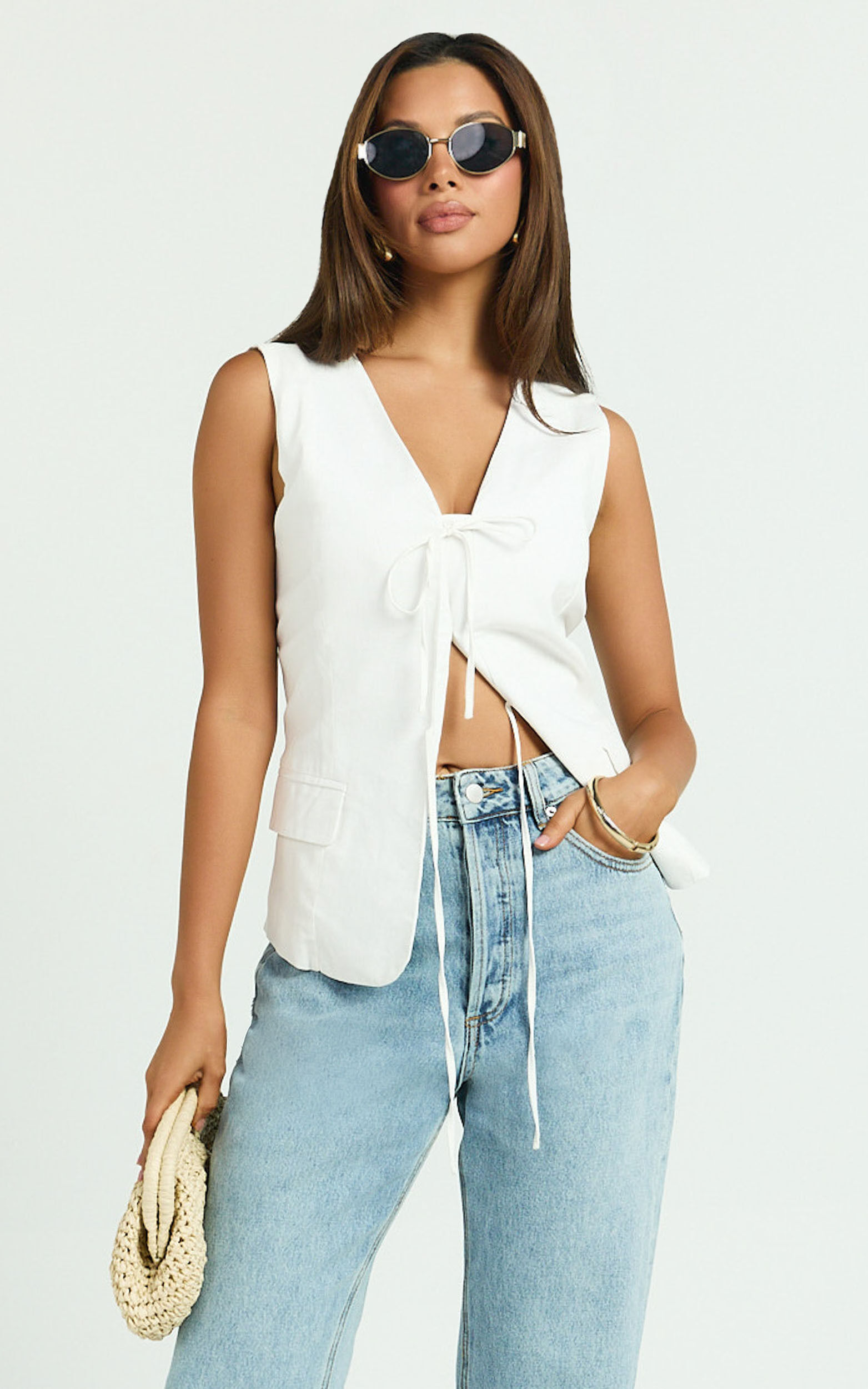 Katia Top - Tie Front V Neck Top in White