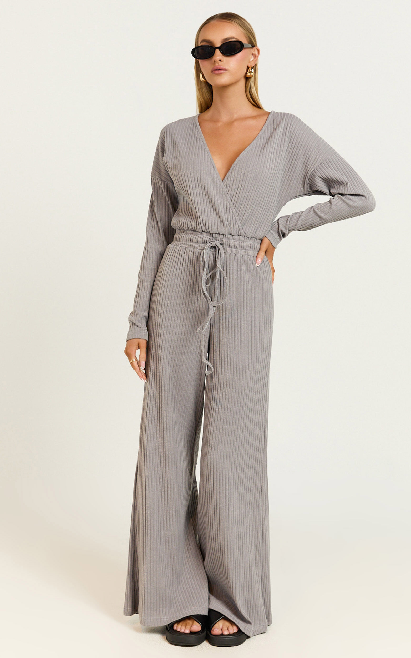 Camille Jumpsuit - Ribbed Jersey Long Sleeve Wide Leg Jumpsuit in Slate Grey