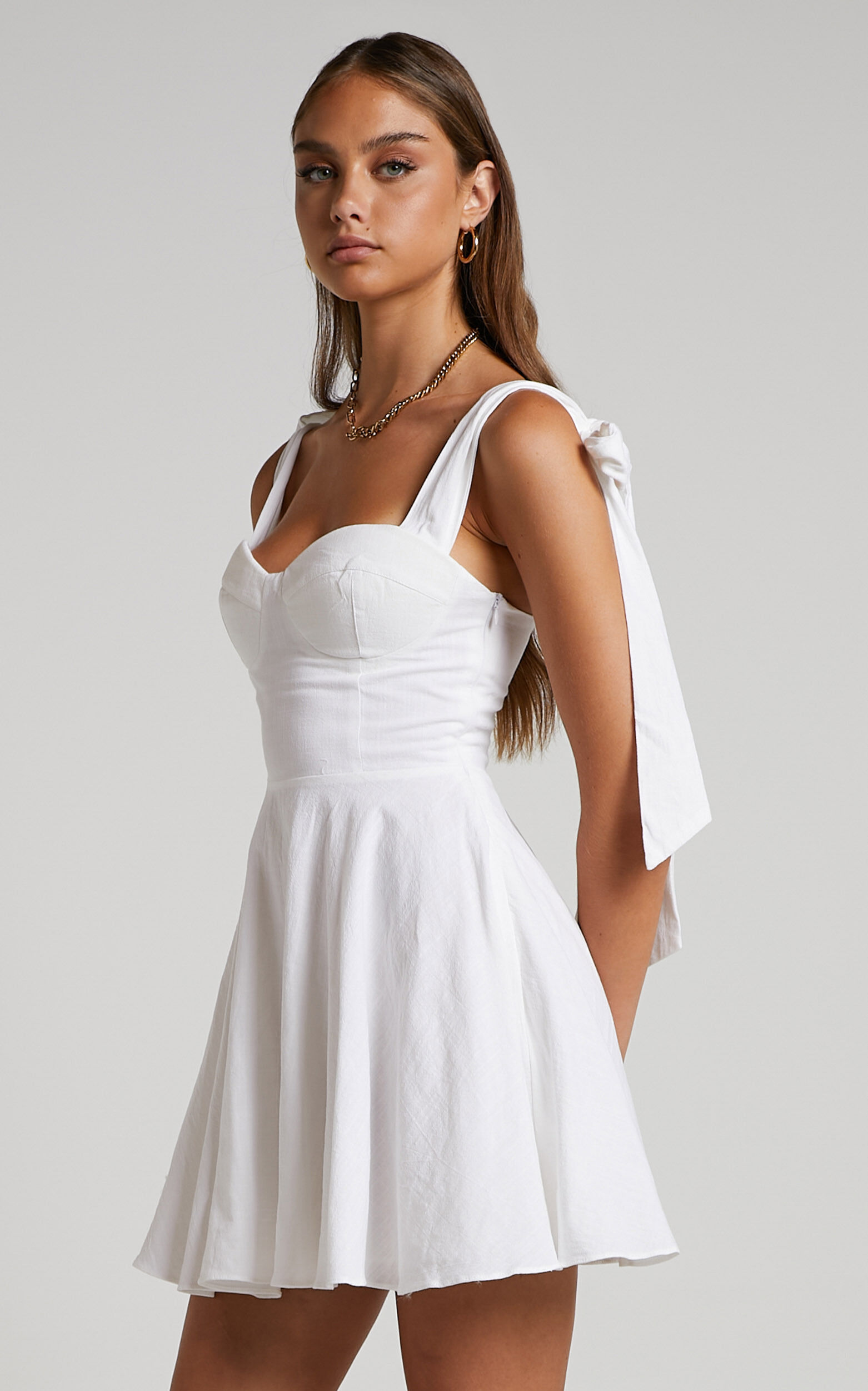 Girley Mini Dress - Bow Strap Dress in White