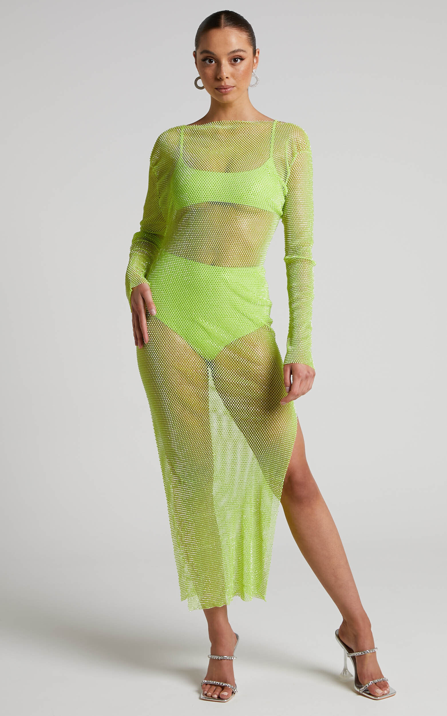 Karmen Midi Dress - Long Sleeve Split Diamante Mesh Dress in Lime