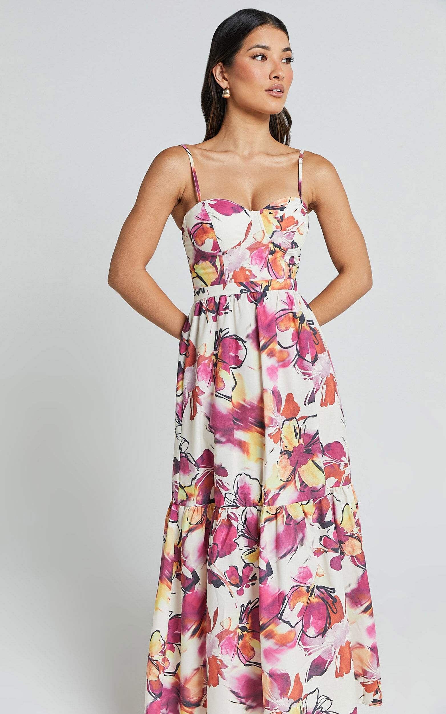 Adara Midi Dress - Strappy Bustier Dress in Dahlia Dusk Floral