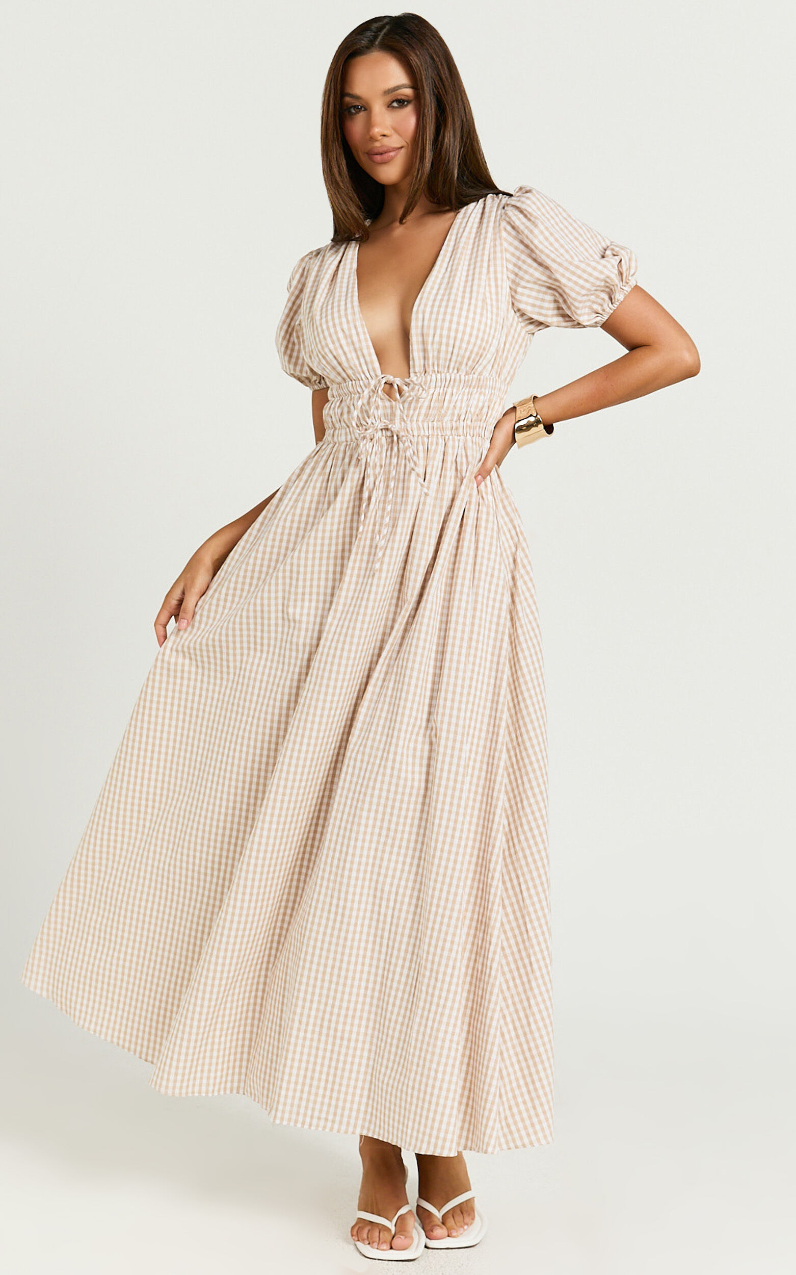 Matteo Midi Dress - Deep V Neck Puff Sleeve Dress in Light Gingham