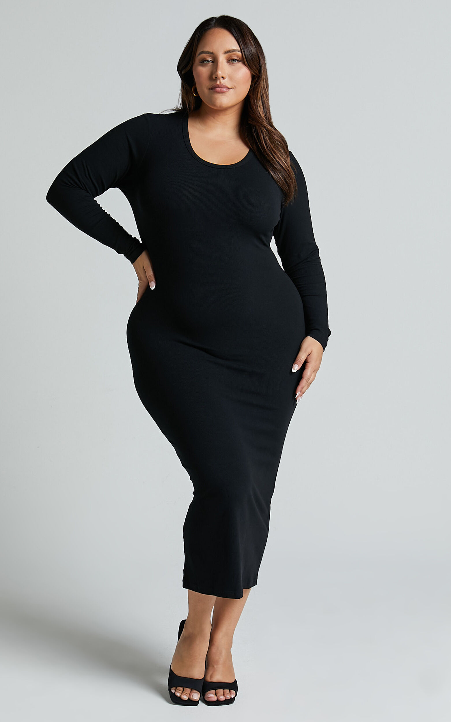 Hawkins Midi Dress - Long Sleeve Bodycon Dress in Black