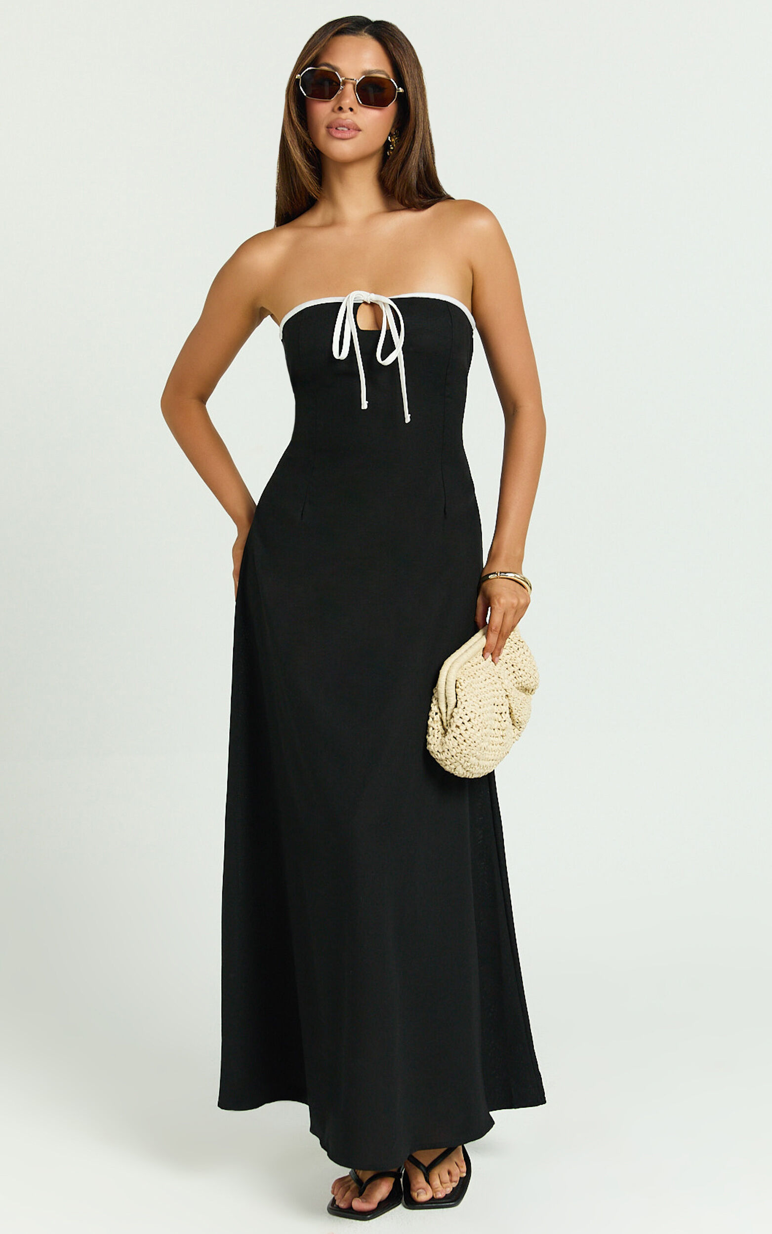 Lashara Maxi Linen Dress - Strapless Contrast Dress in Black