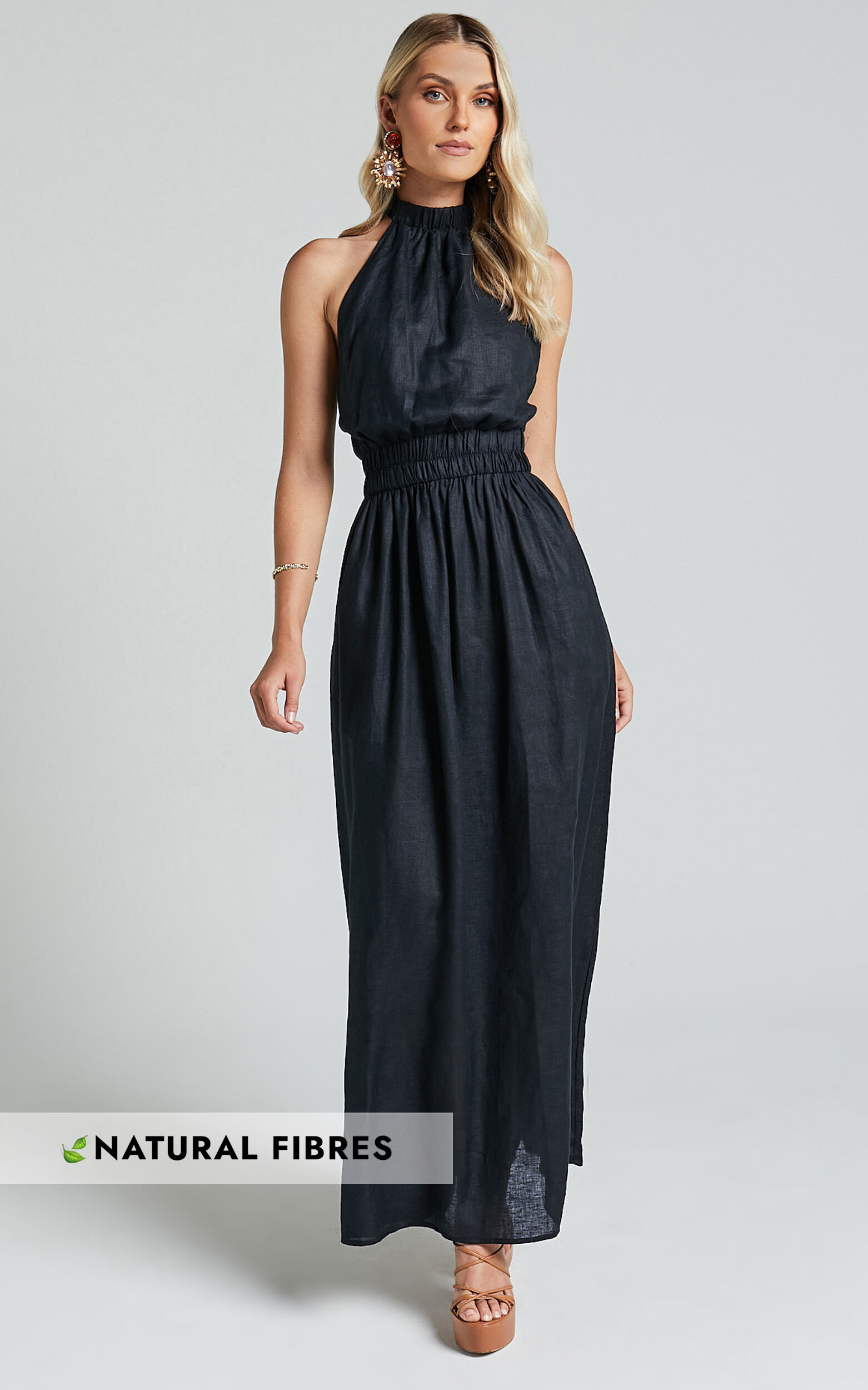 Amalie The Label - Shepard Linen Blend Halter Neck Maxi Dress in Black