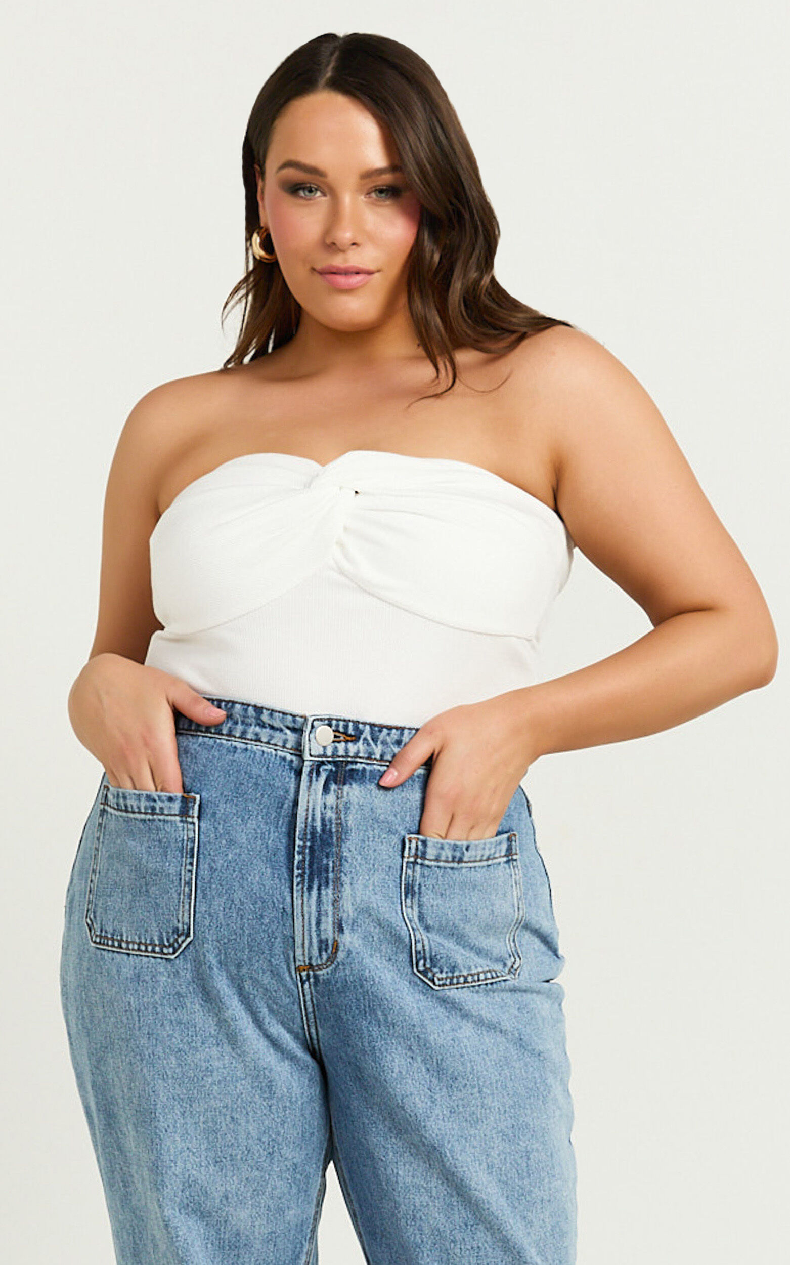 Jelena Top - Jersey Strapless Twist Front Top in White