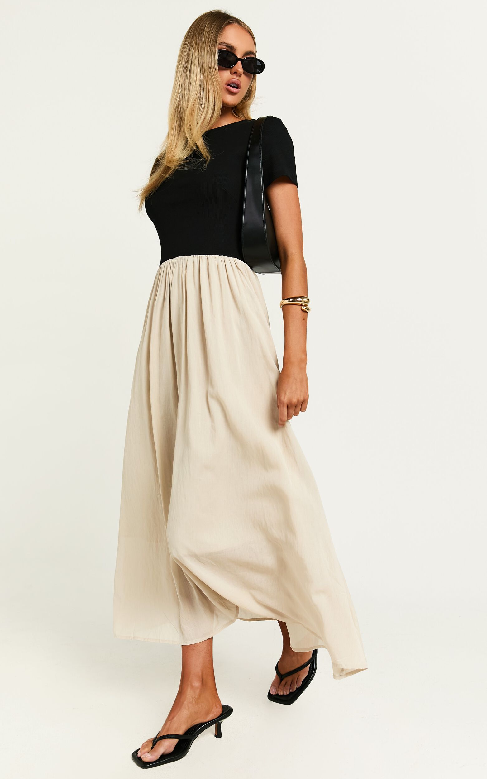 Hermie Midi Dress - Short Sleeve Contrast Dress in Black & Beige