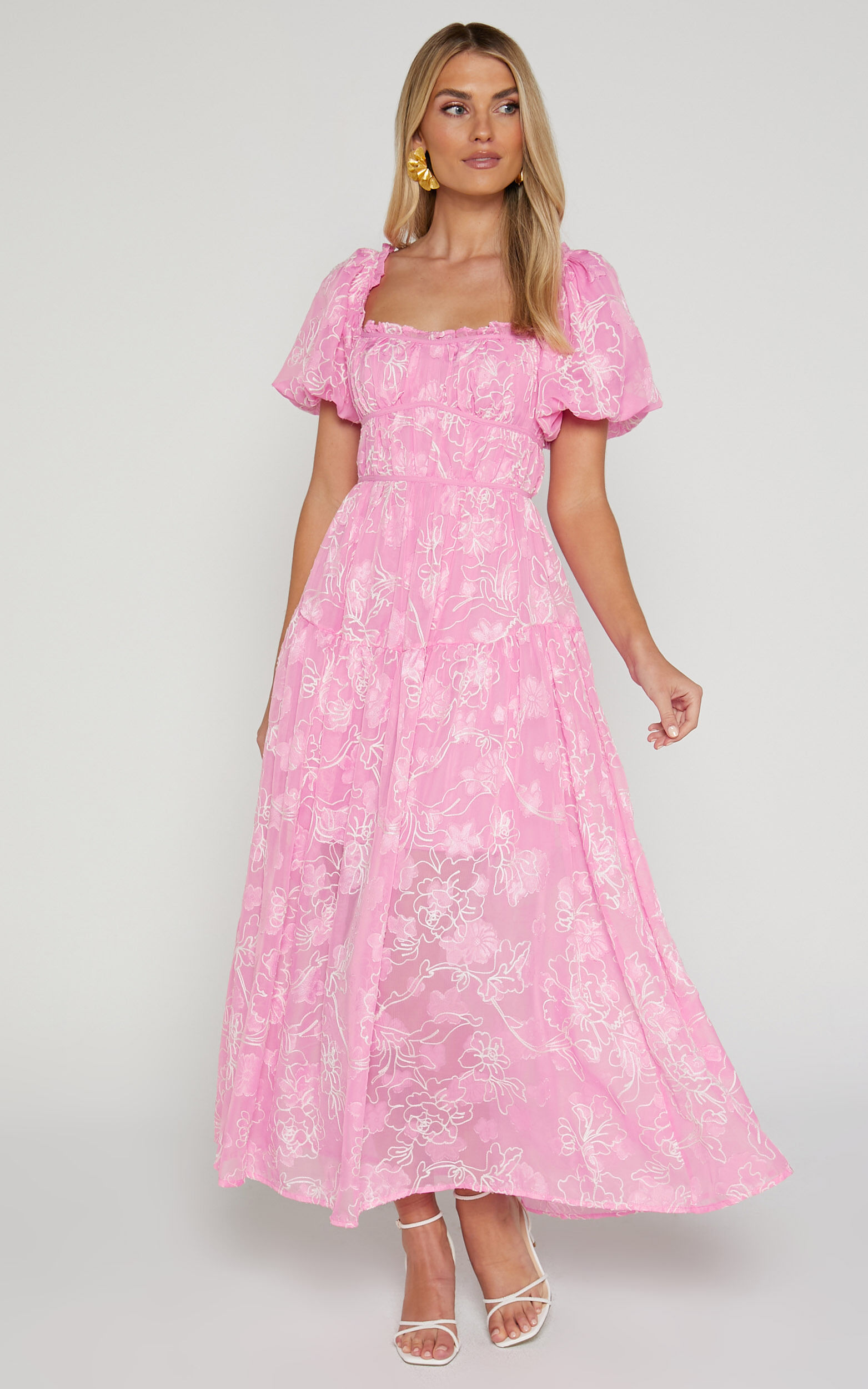 Harley Midi Dress - Puff Sleeve Dress in Pink