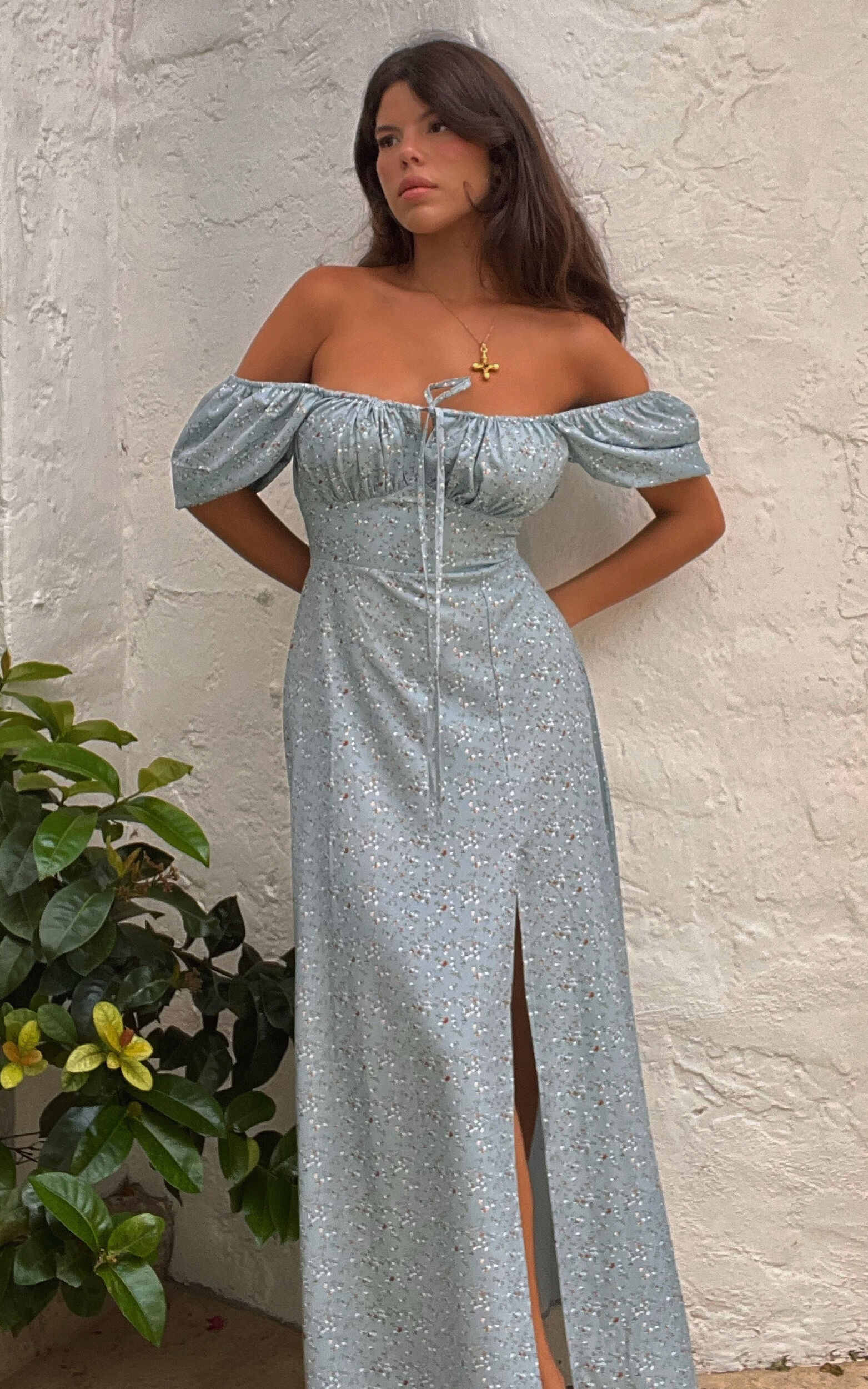 Zenny Midi Dress - Ruched Bust Floral Dress in Light Blue