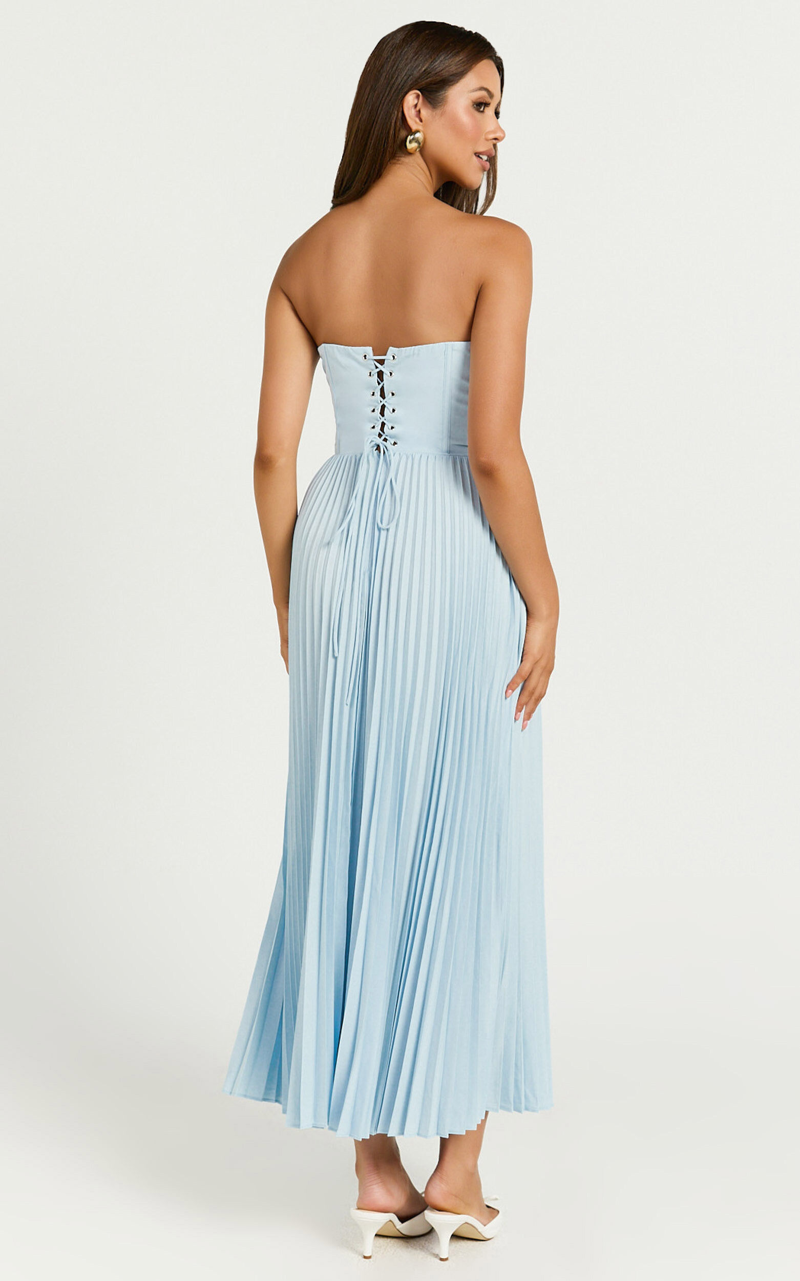 Loretta Midi Dress - Lace Up Back Bustier Pleated Dress in Light Blue