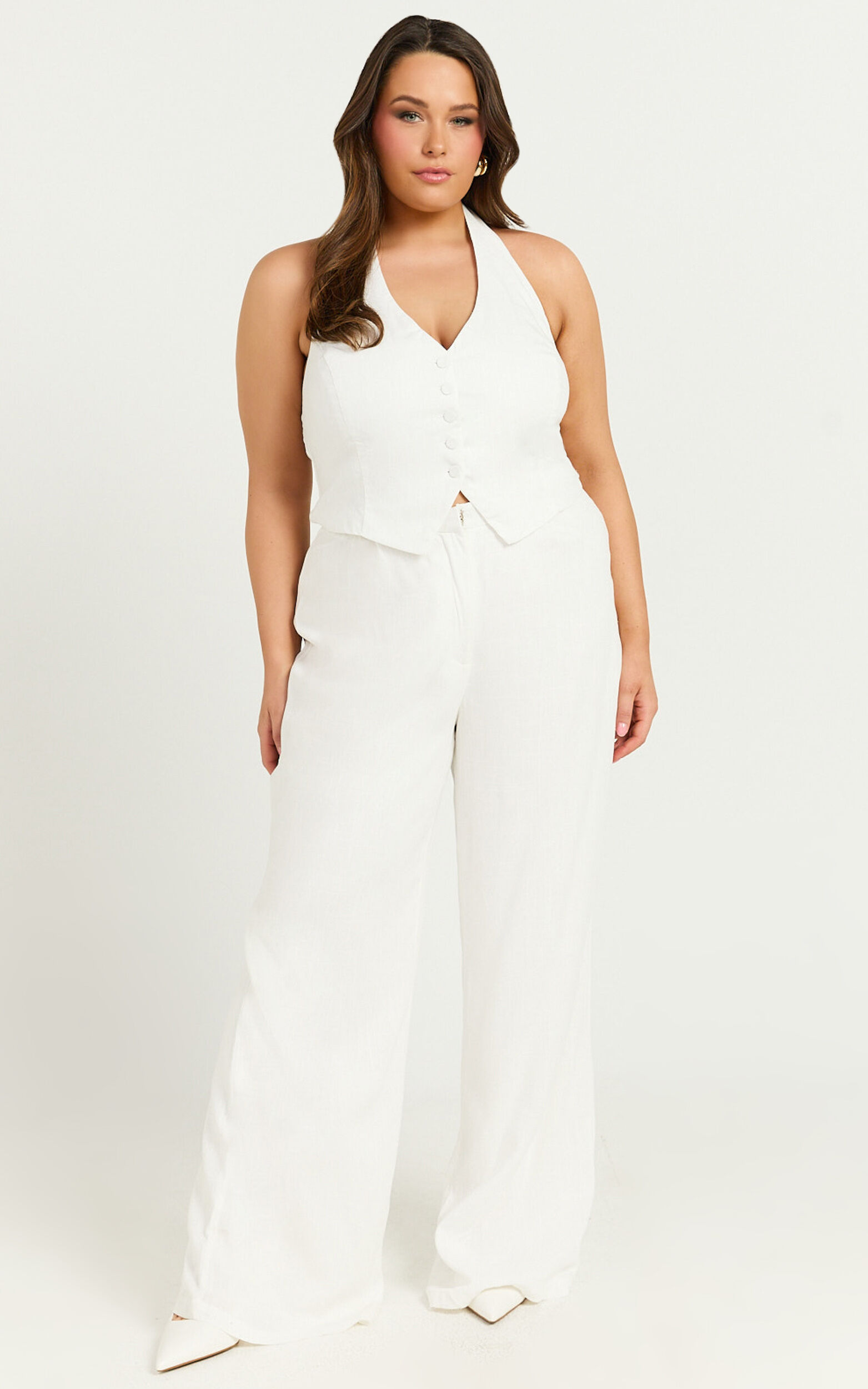 Linette Jumpsuit - Halter Neck Button Through Vest Tailored Wide Leg Jumpsuit in White