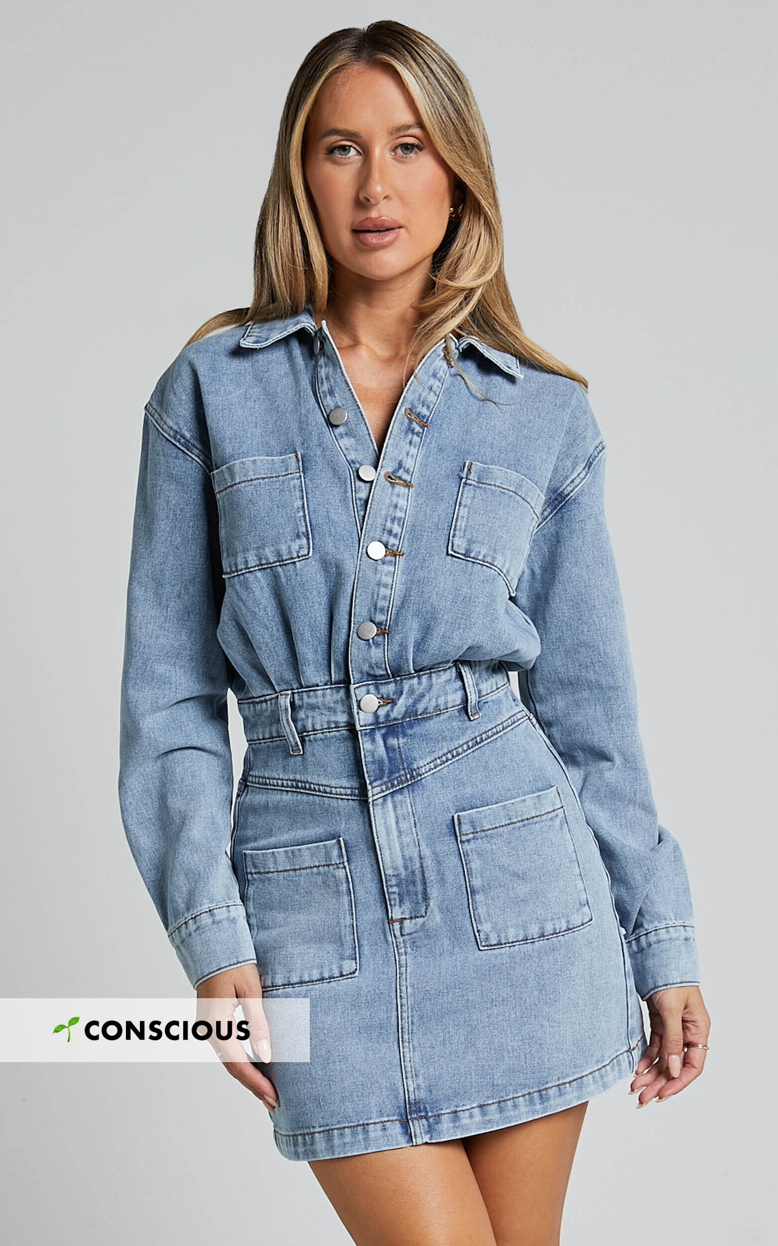 Kamala Mini Dress - Long Sleeve Button Through Denim Dress in Light Blue Wash
