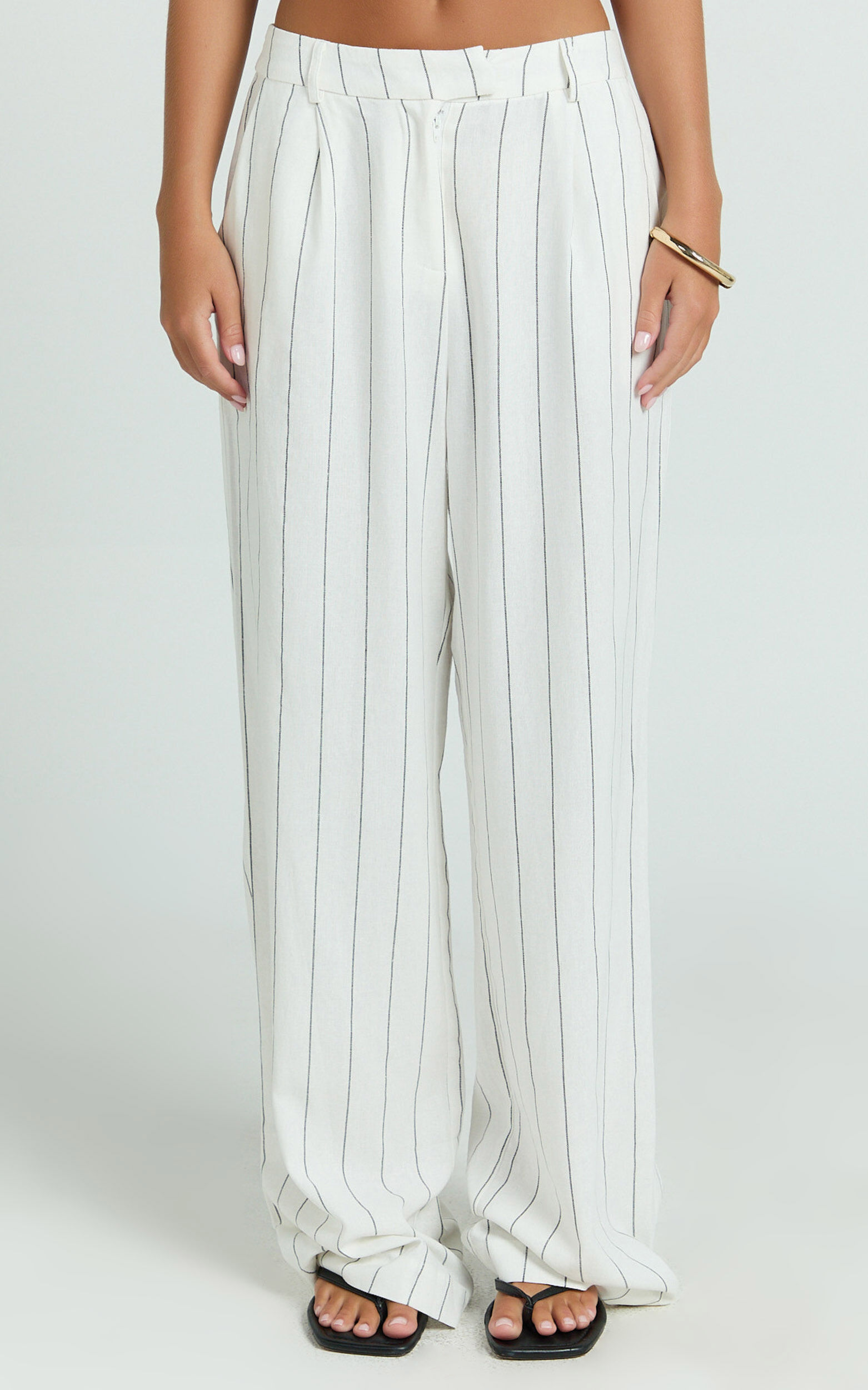 Trixie Pants - High Waist Linen Look Stripe Tailored Pants in Off White