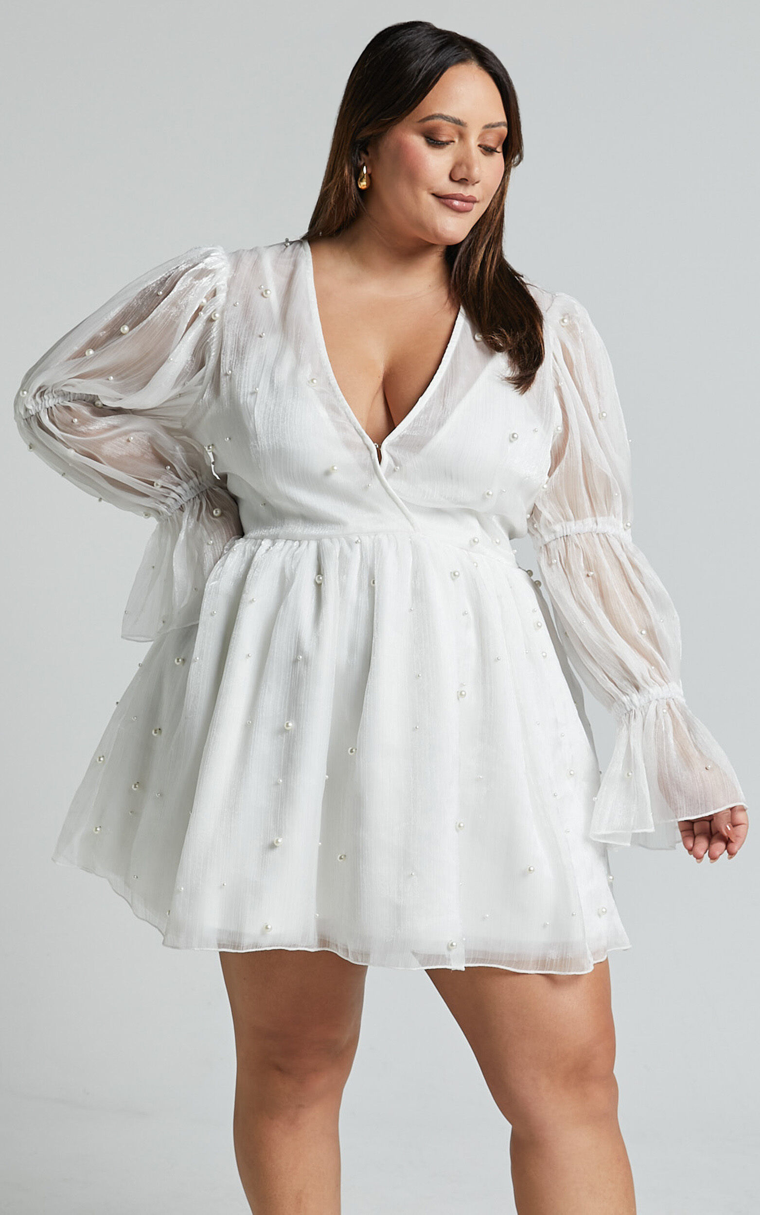 Solanna Mini Dress - Long Puff Sleeve V Neck Dress in White